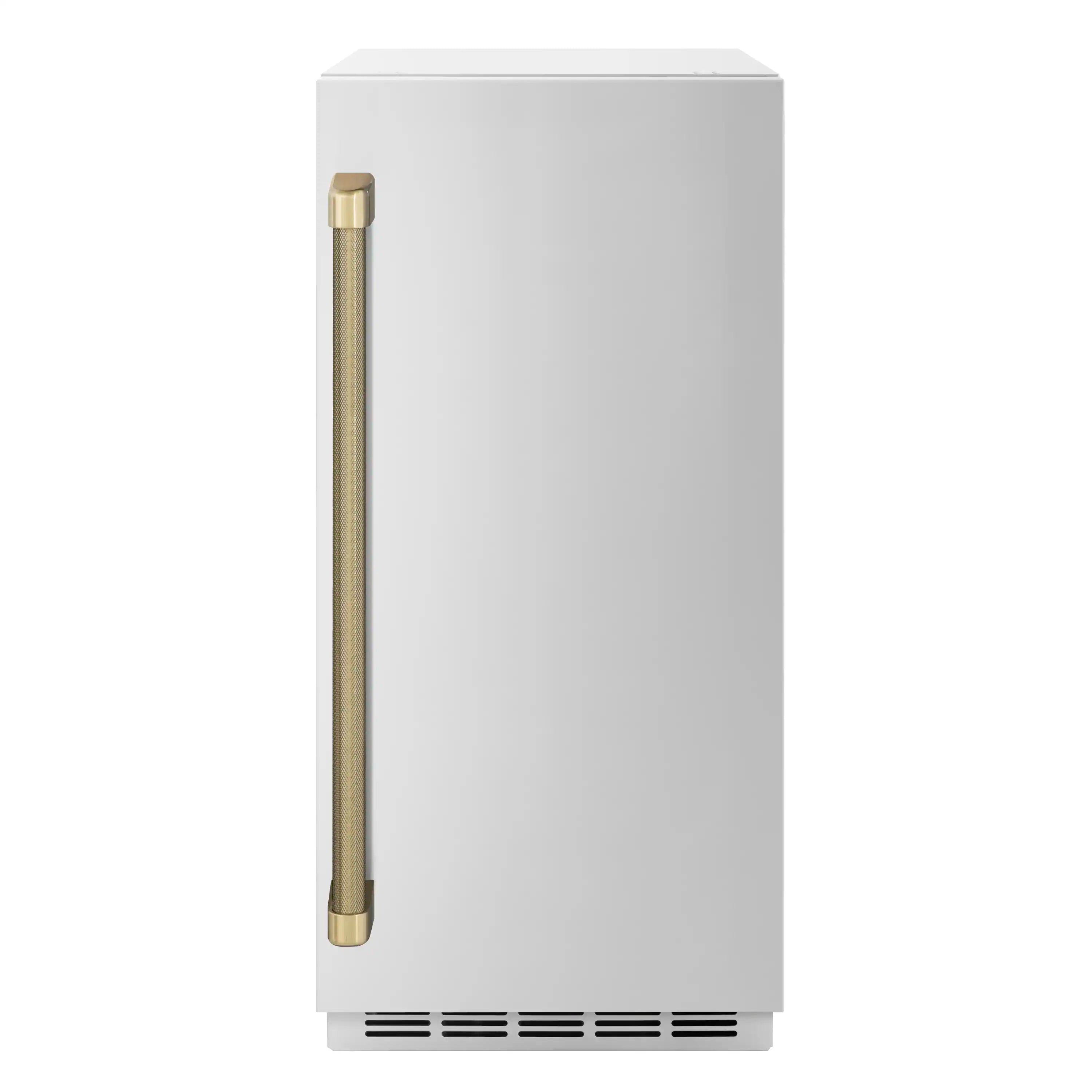 White ice maker cabinet with tall bronze-colored handle