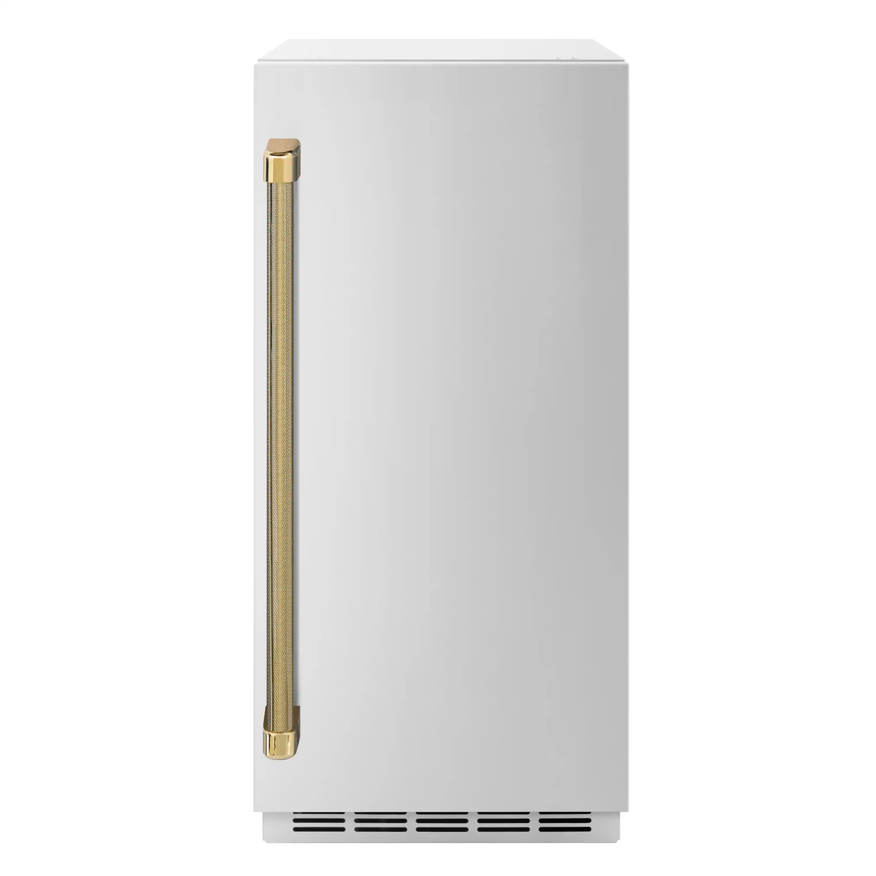 Tall stainless ice maker with gold handle accents and vented lower grille