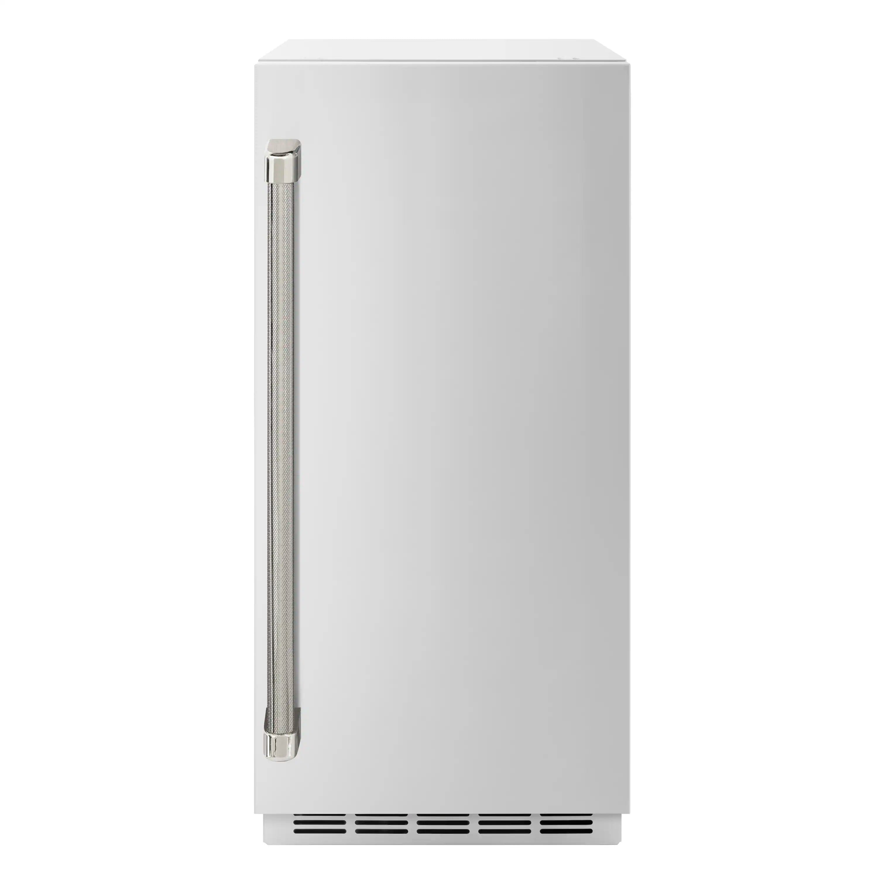 White ice maker with vertical handle and front ventilation grilles