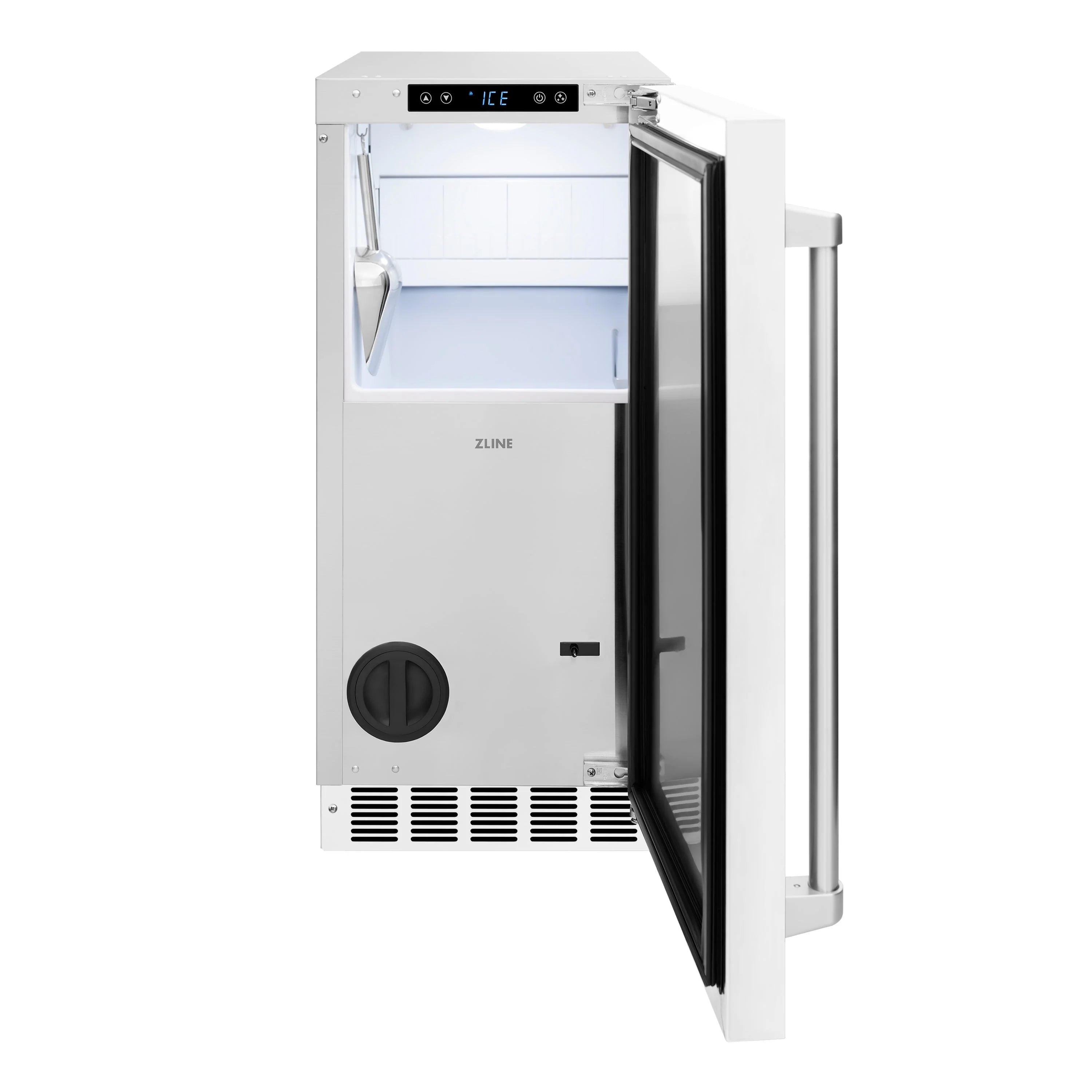 White matte built-in ice maker with open door and stainless interior