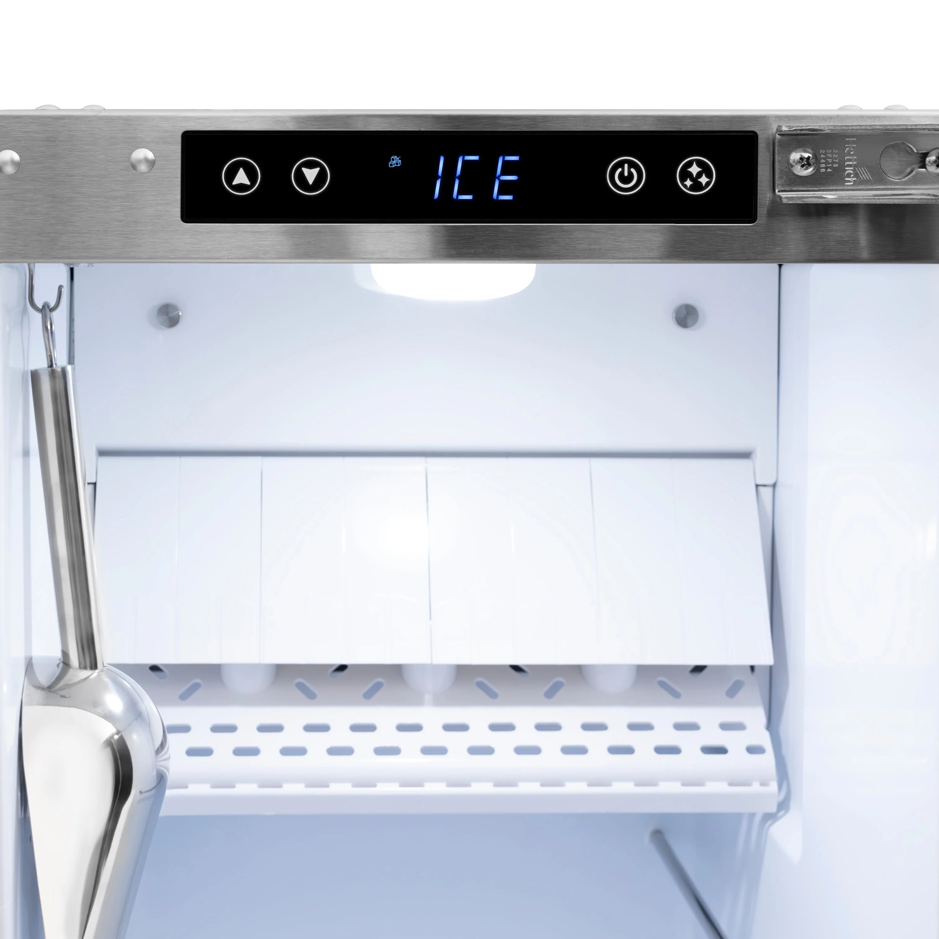 Ice maker with open door, interior bin and drip tray visible