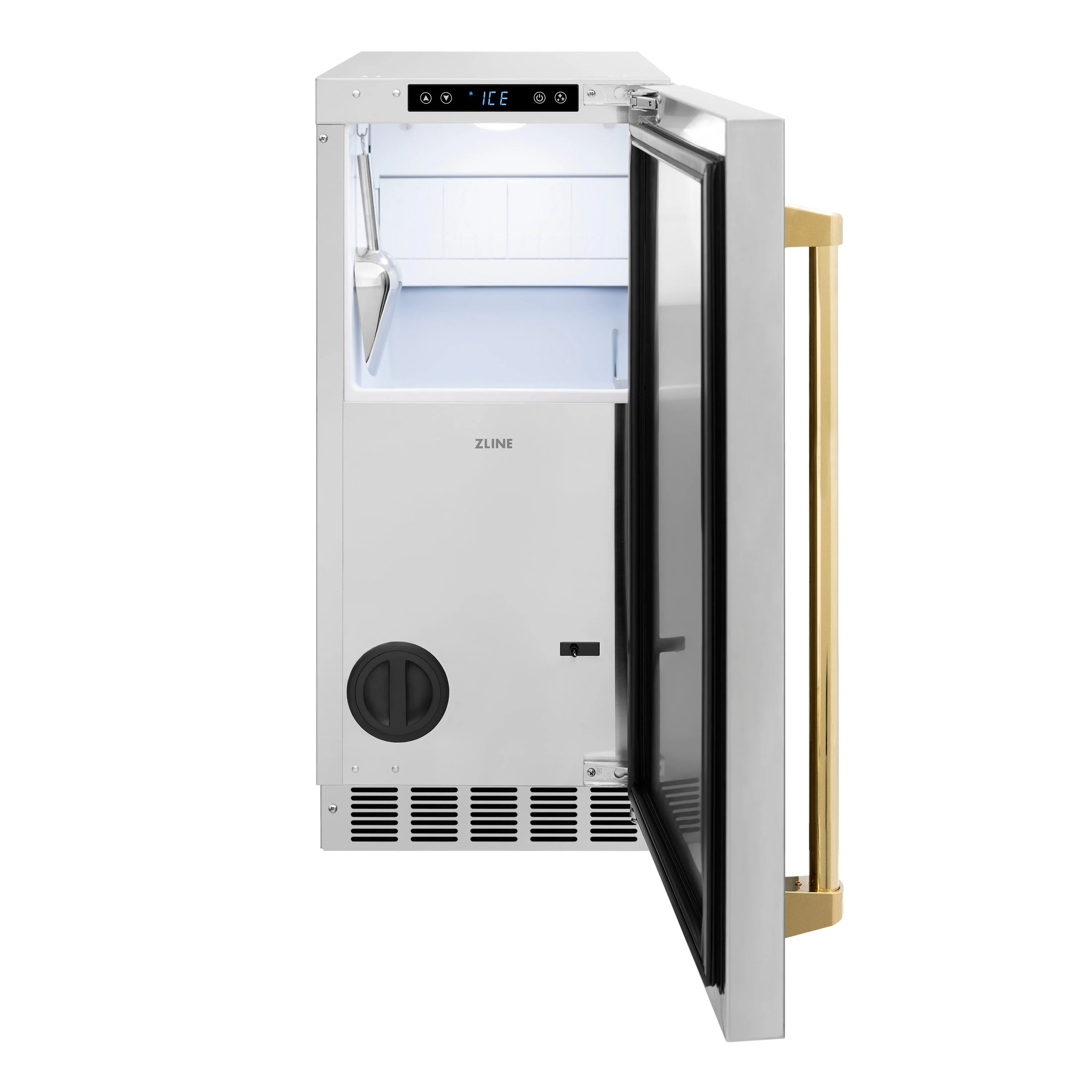Stainless steel ice maker with open door and gold handle, interior bin visible