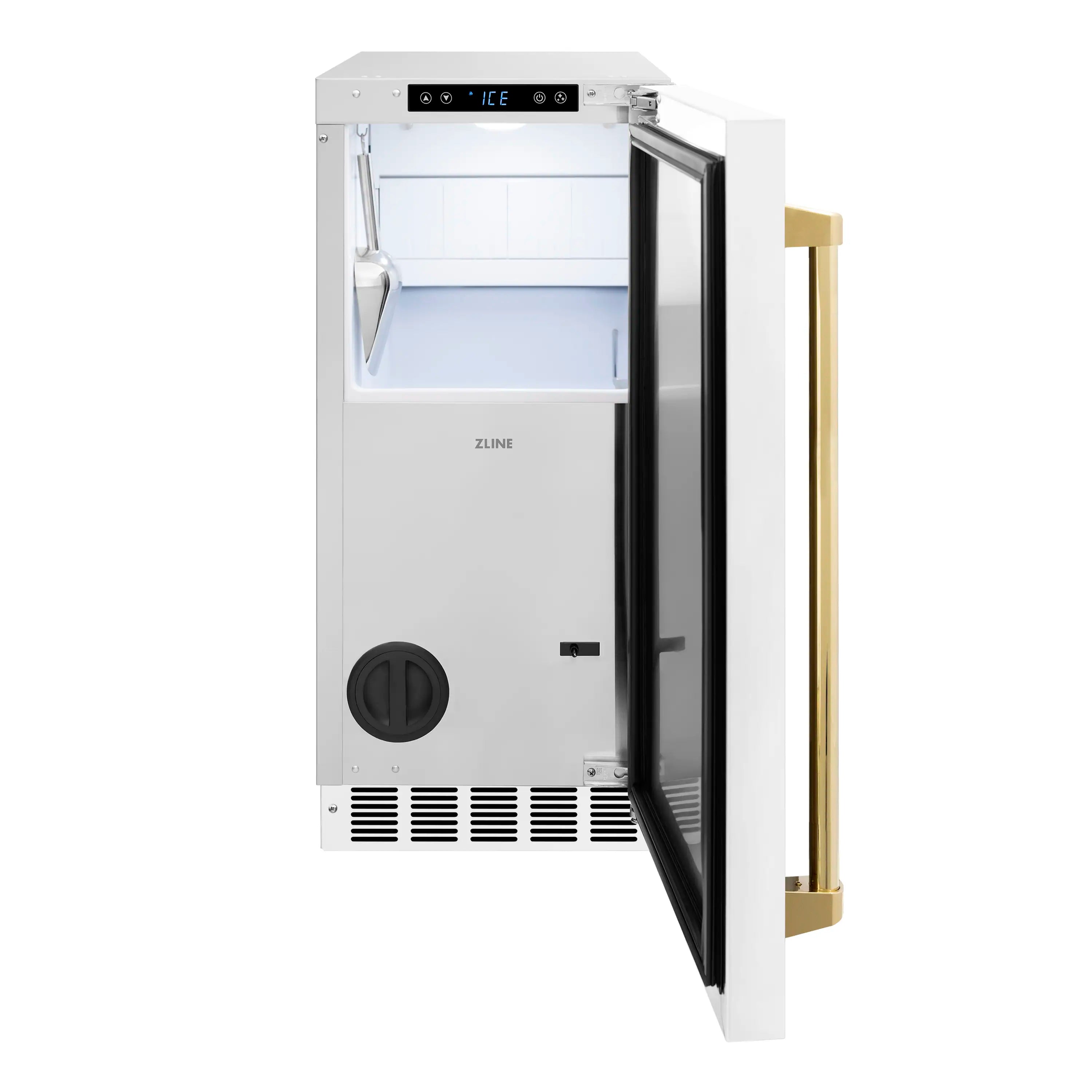 Opened white ice maker door with scoop inside and gold side handle