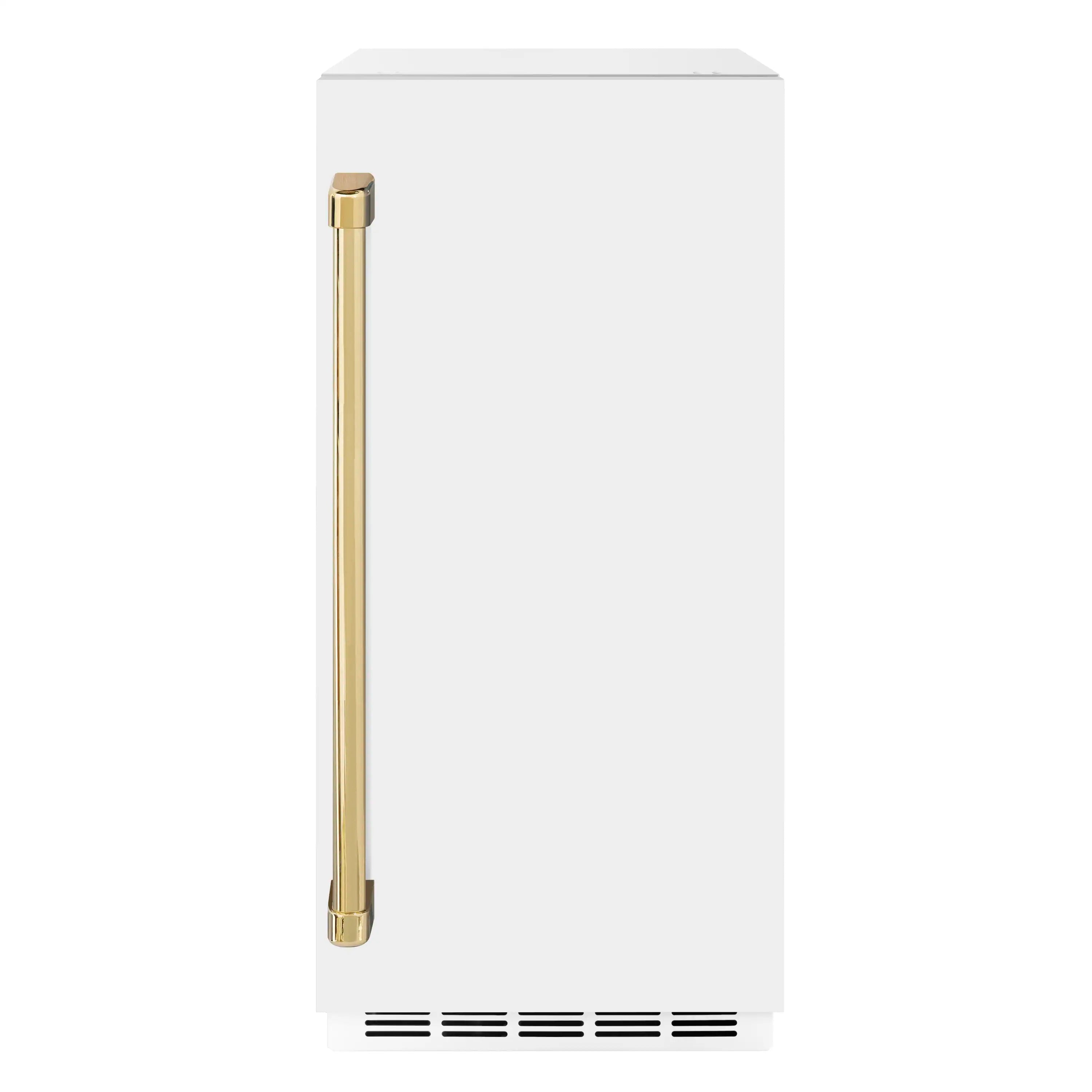 White ice maker with tall gold handle on the front panel
