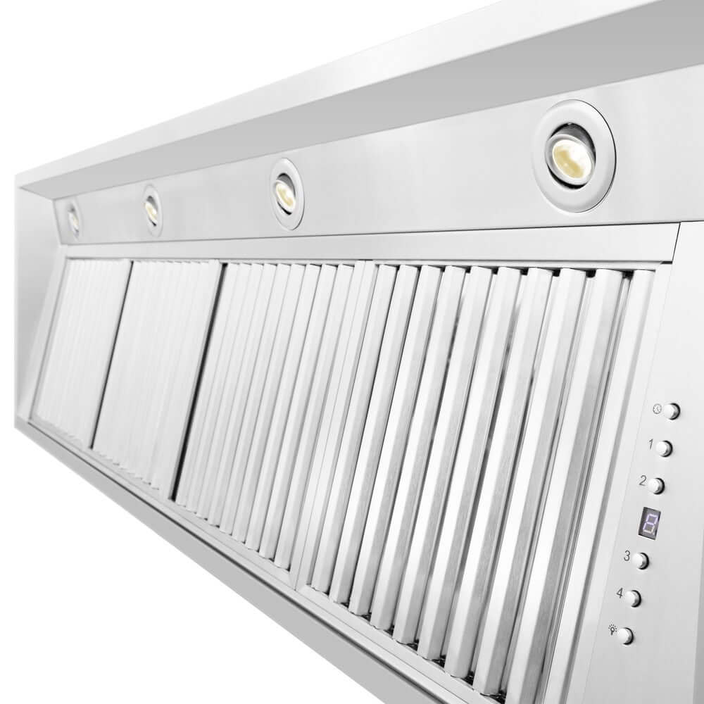 Stainless steel range hood insert front view with vertical vent slats and knob controls