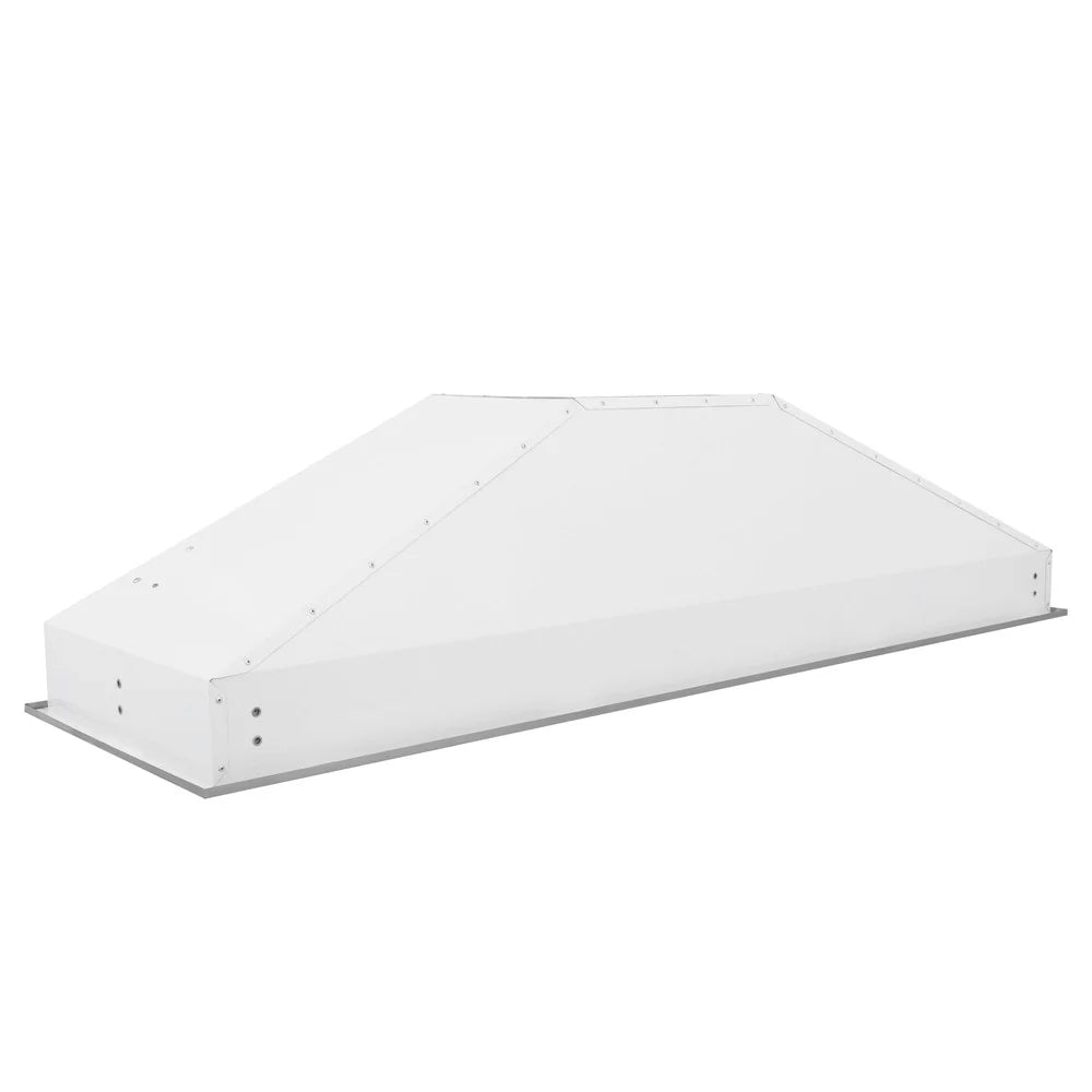 Stainless steel range hood insert with low-profile rectangular housing and duct collar