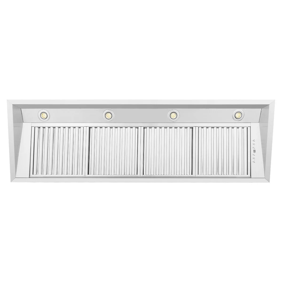 Stainless steel range hood insert with front slat grille and built-in light rings