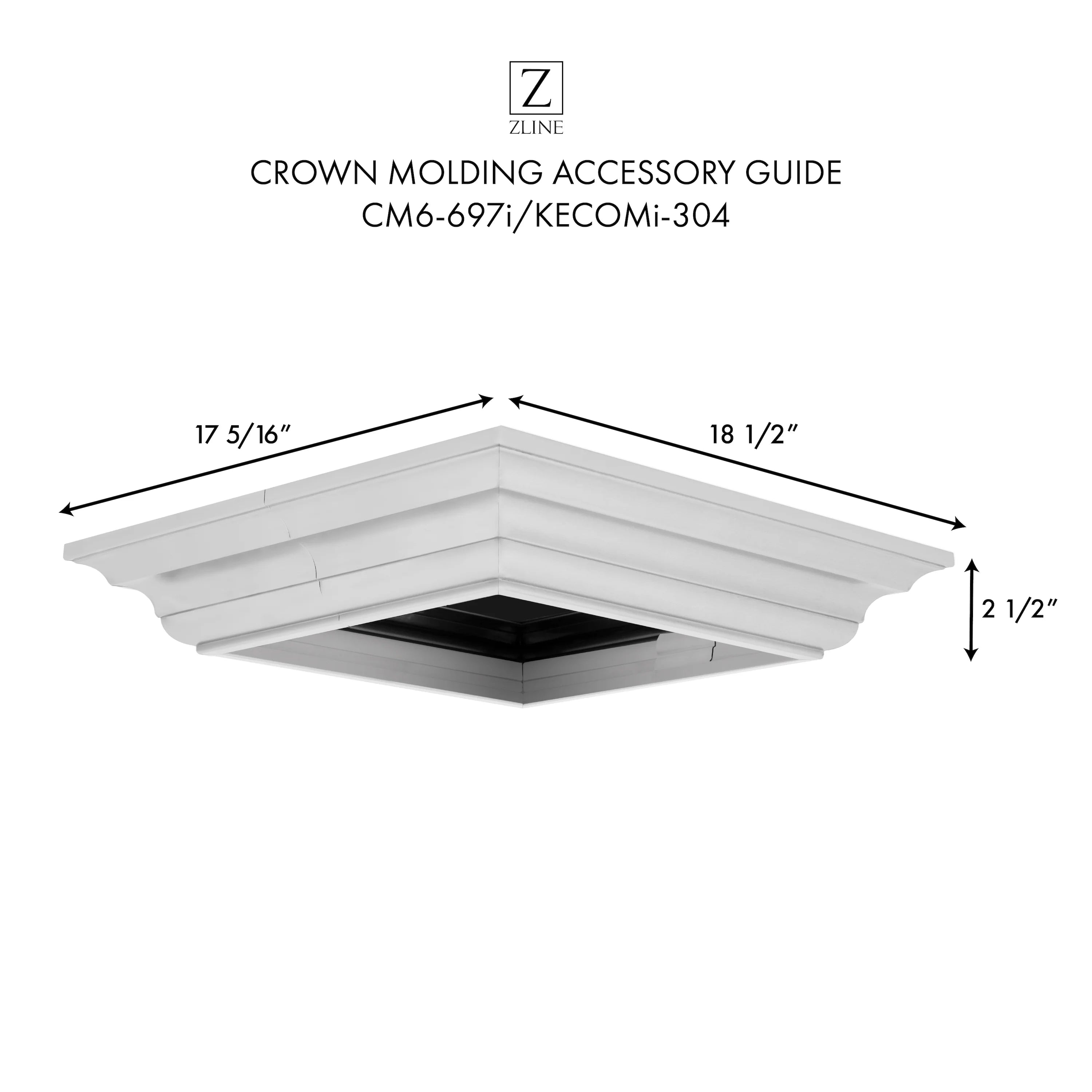 Stainless steel crown molding profile for island range hood, showing angled corners and opening
