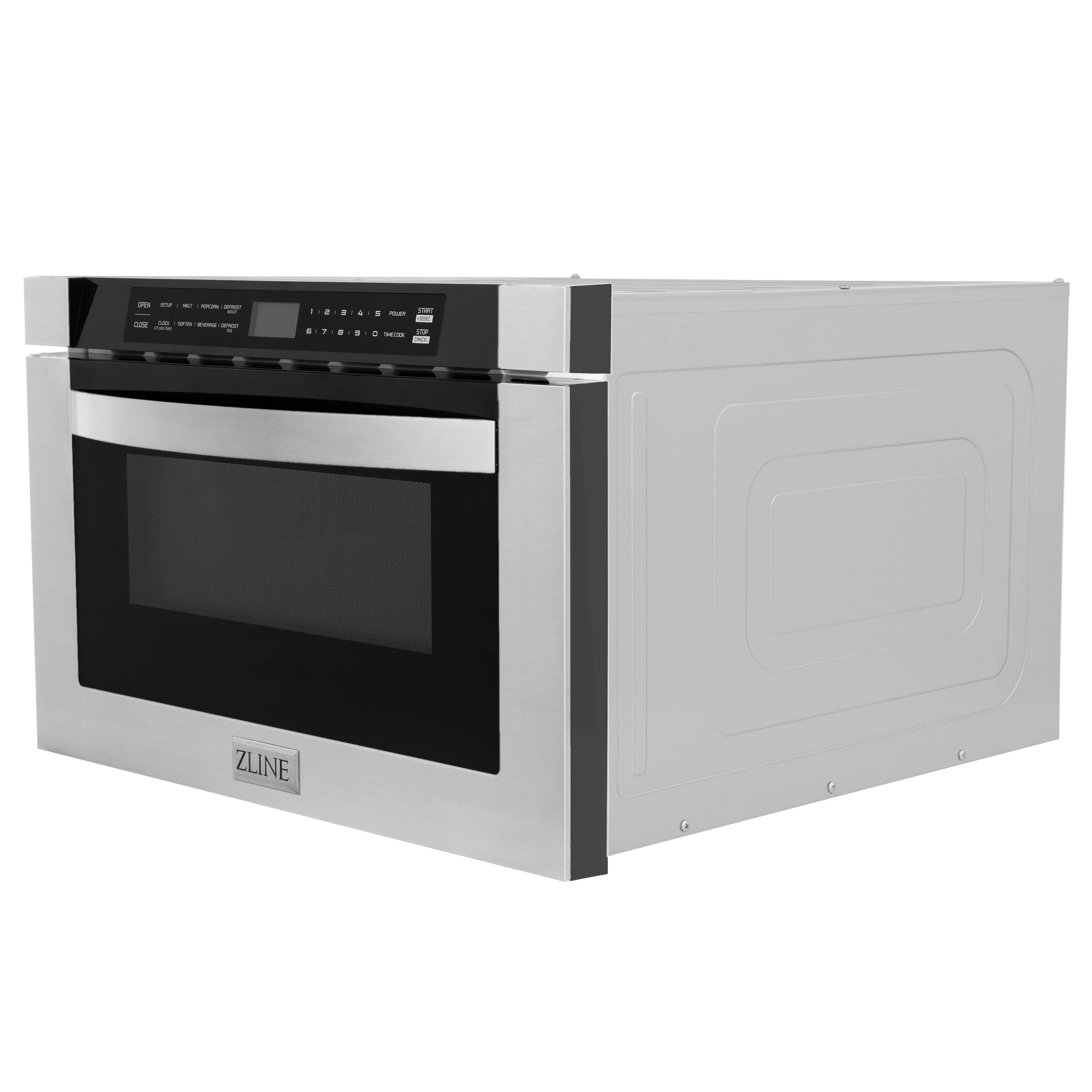 Stainless steel microwave drawer side-front view with black glass door and ZLINE logo