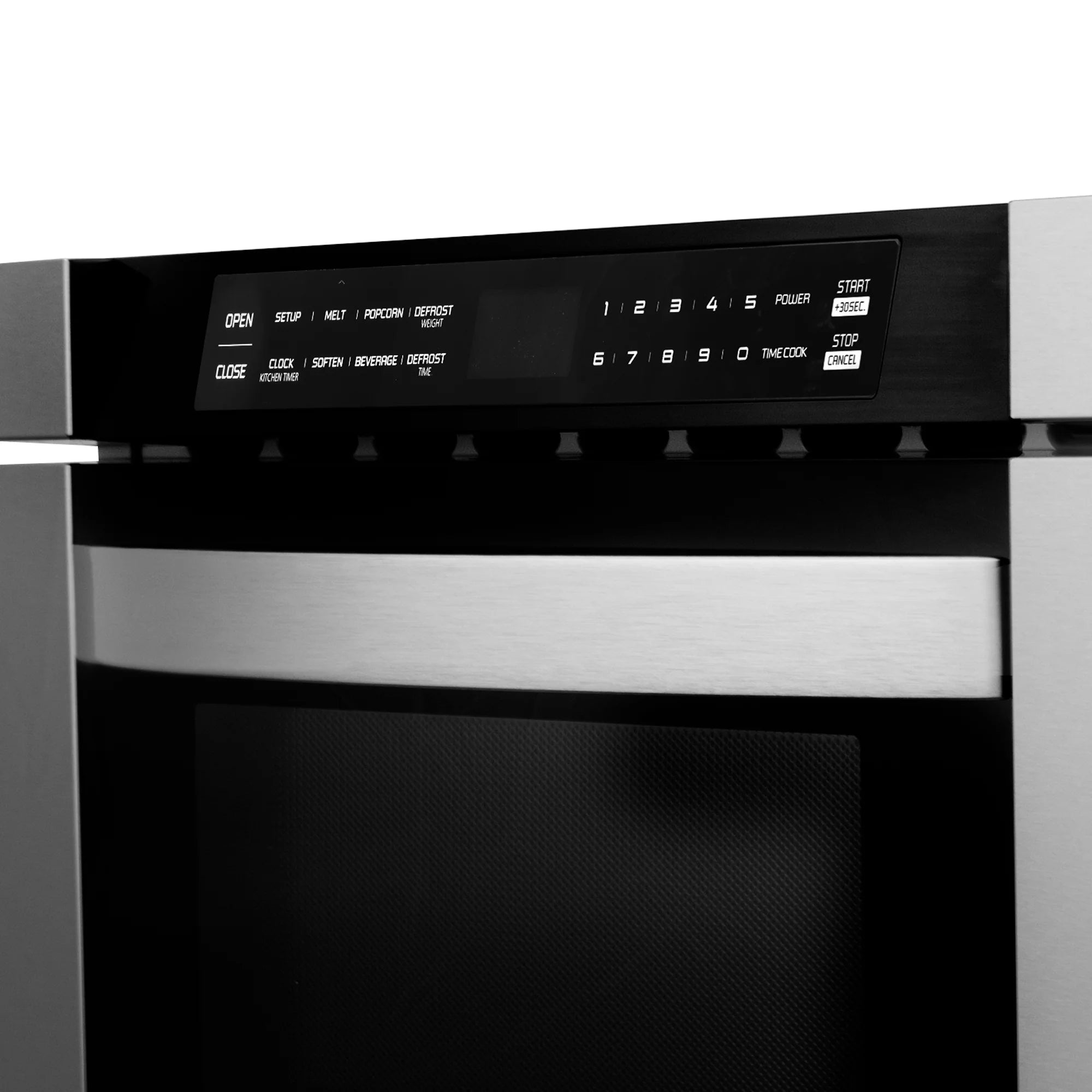 Microwave drawer control panel with black display, stainless frame and handle