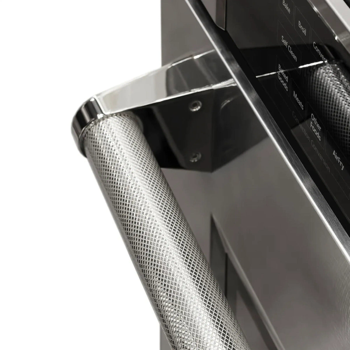 Stainless steel oven helix handle with textured grip and brushed metal panel