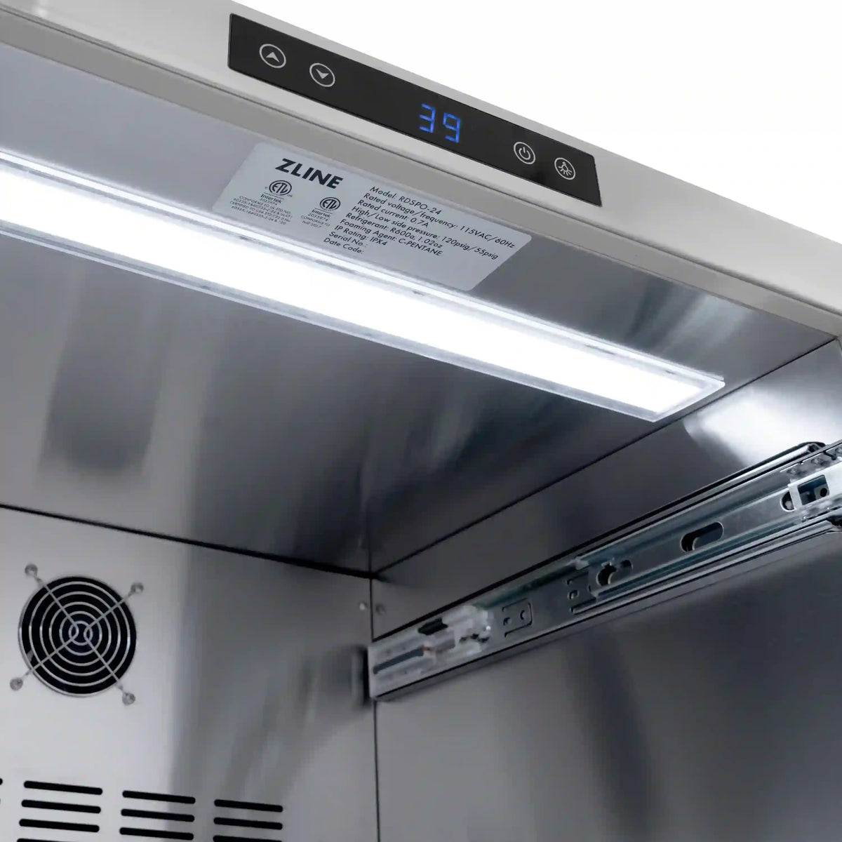 Stainless outdoor dual refrigerator drawer with touch controls, vent fan, and interior light