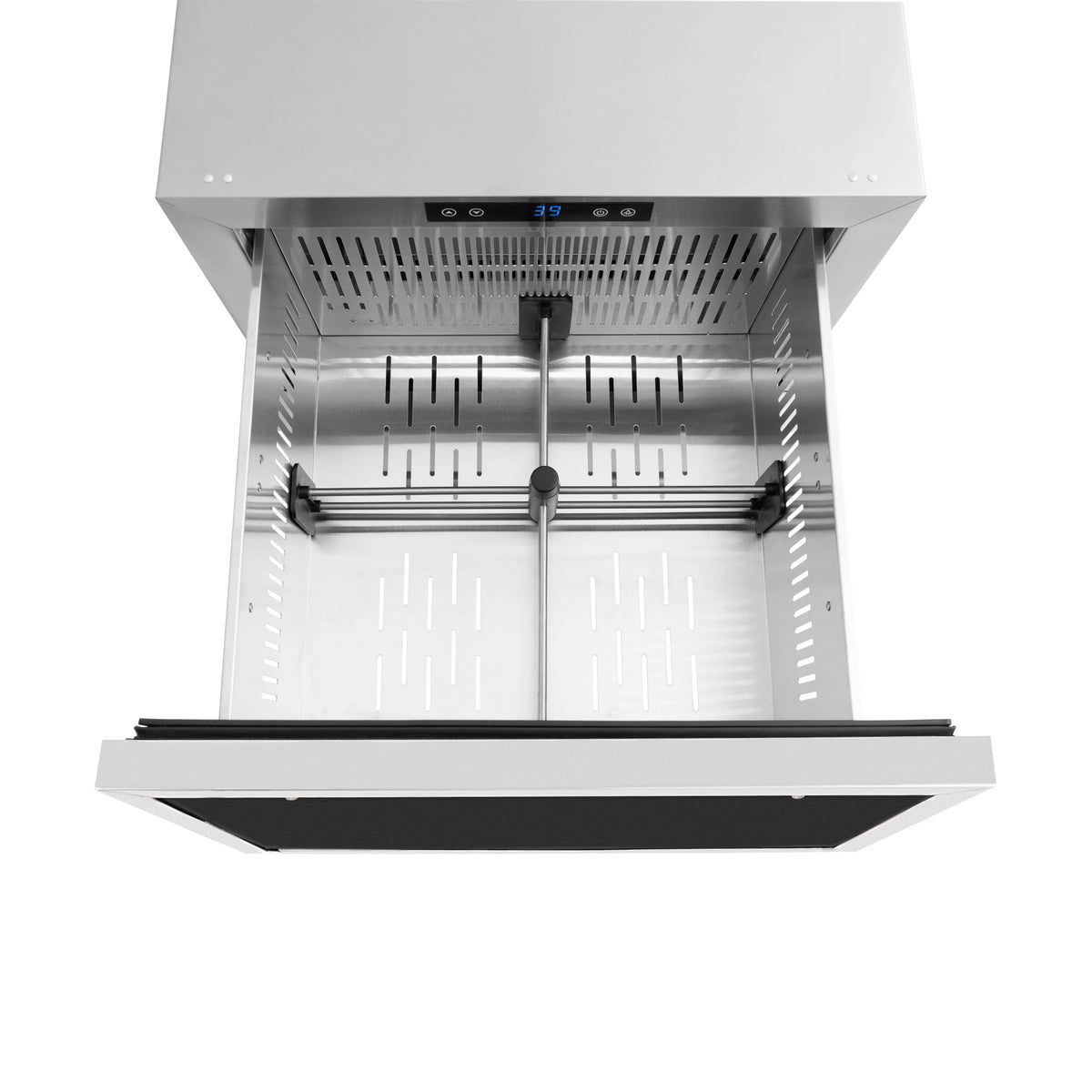 Outdoor refrigerator drawer open with wire shelves and vented interior base