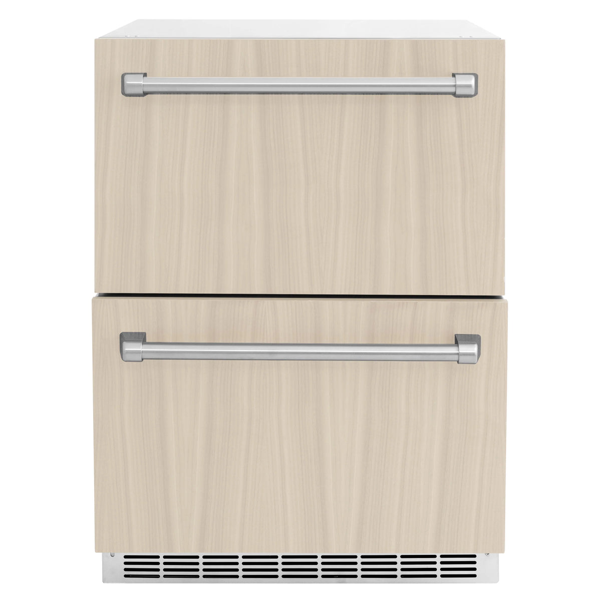 Panel-ready outdoor refrigerator drawer with light wood front and brushed metal handles