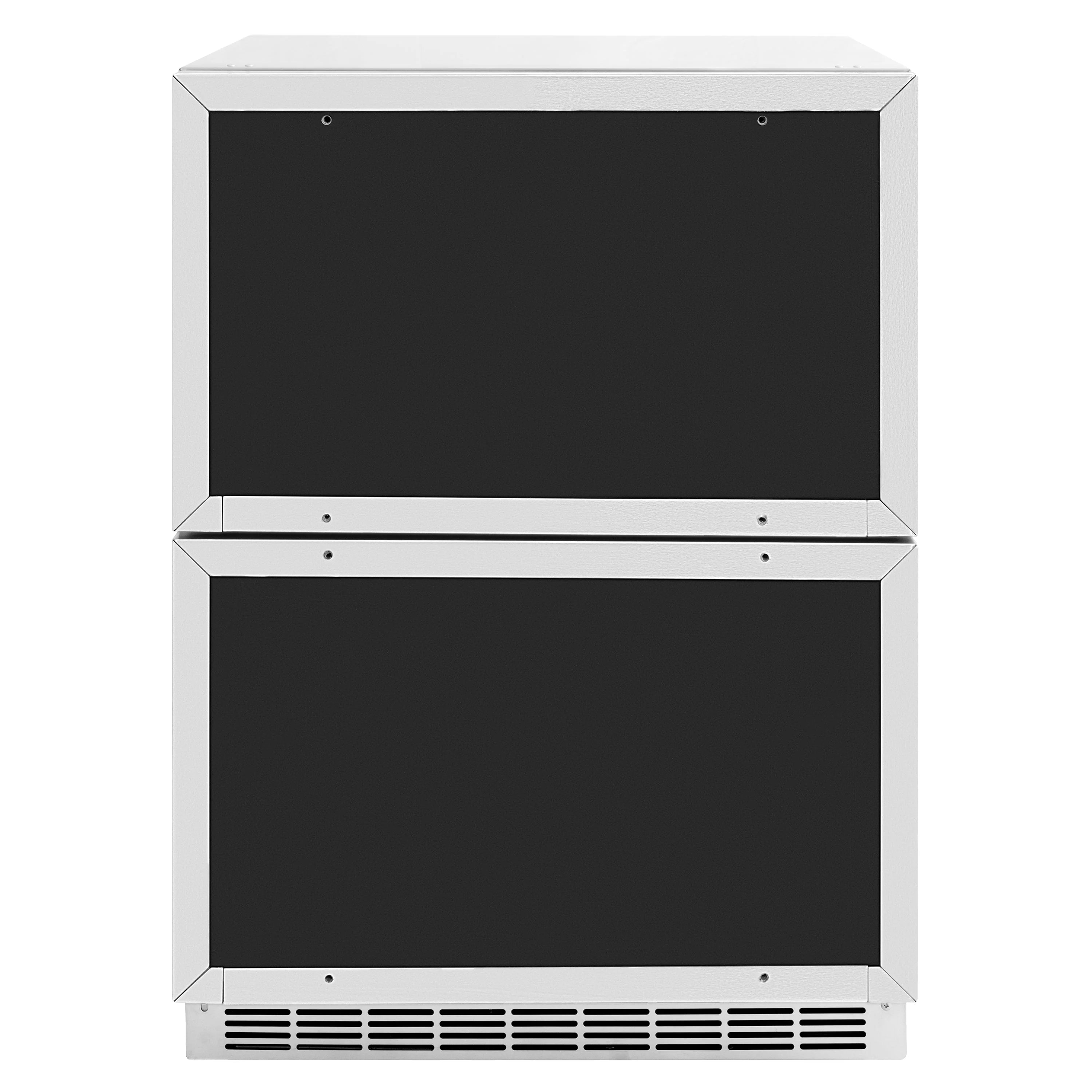 Outdoor refrigerator drawer front with two black panel doors and vented bottom
