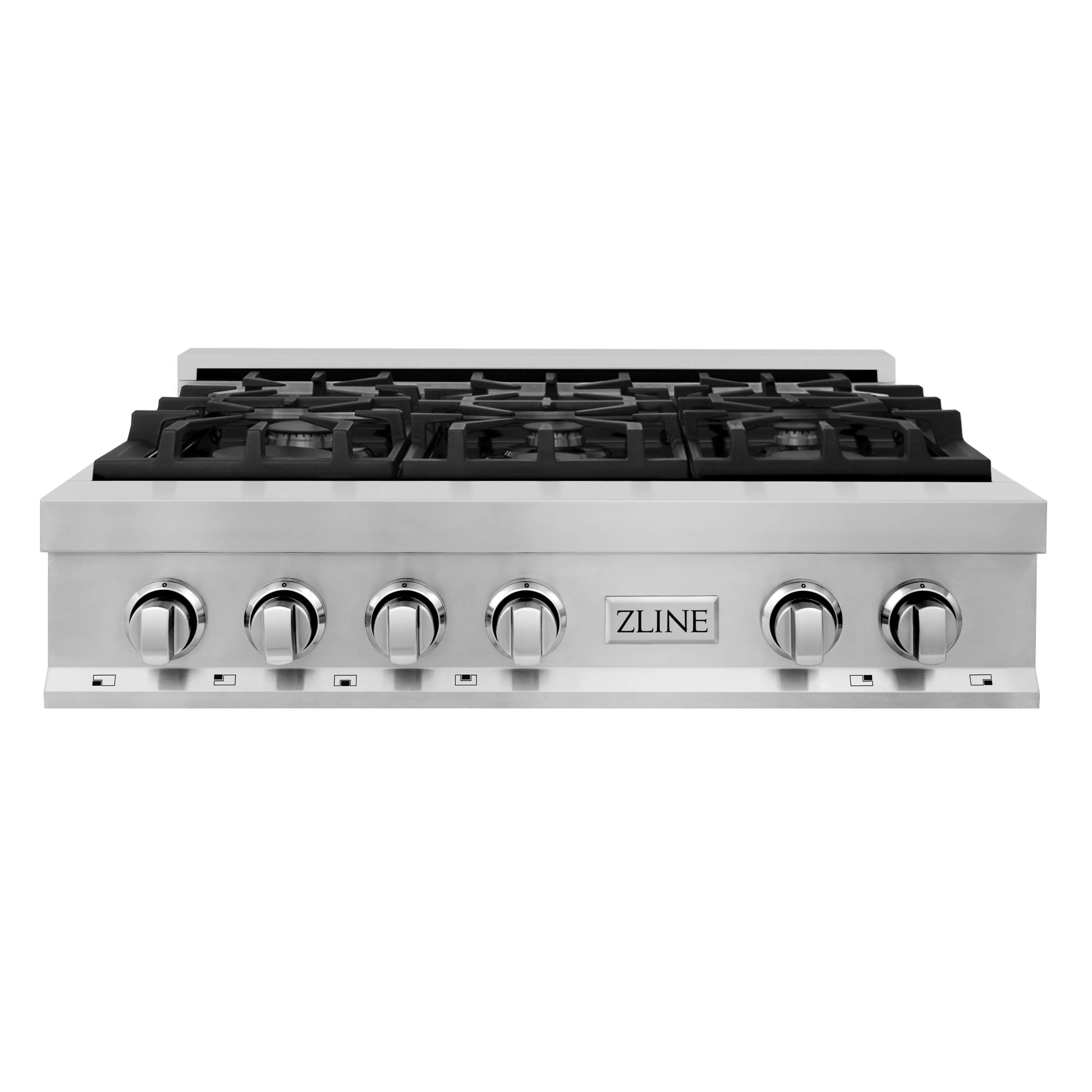 Stainless steel gas rangetop with six burners and control knobs, ZLINE logo centered.
