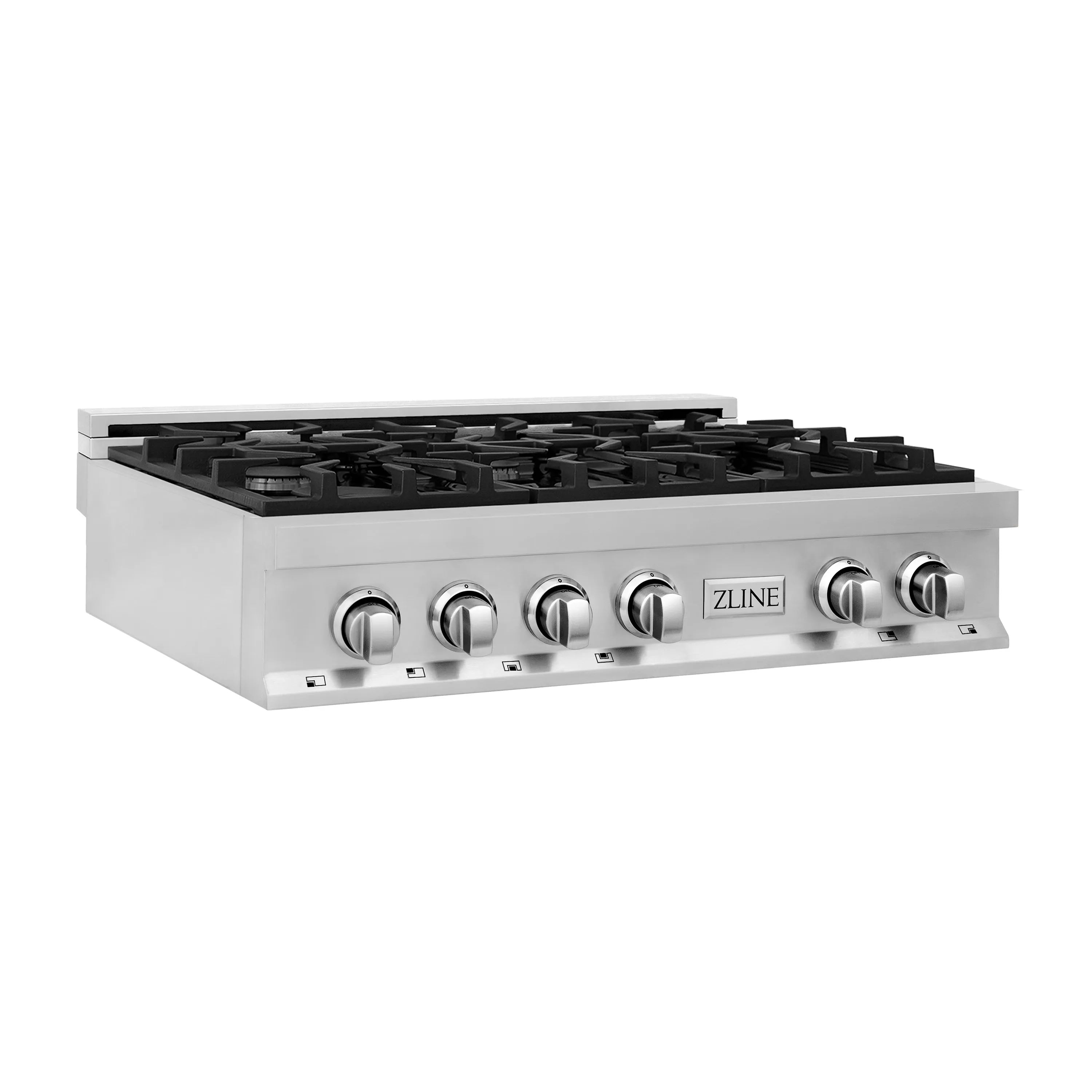 Stainless steel 6-burner gas rangetop with black grates and six control knobs