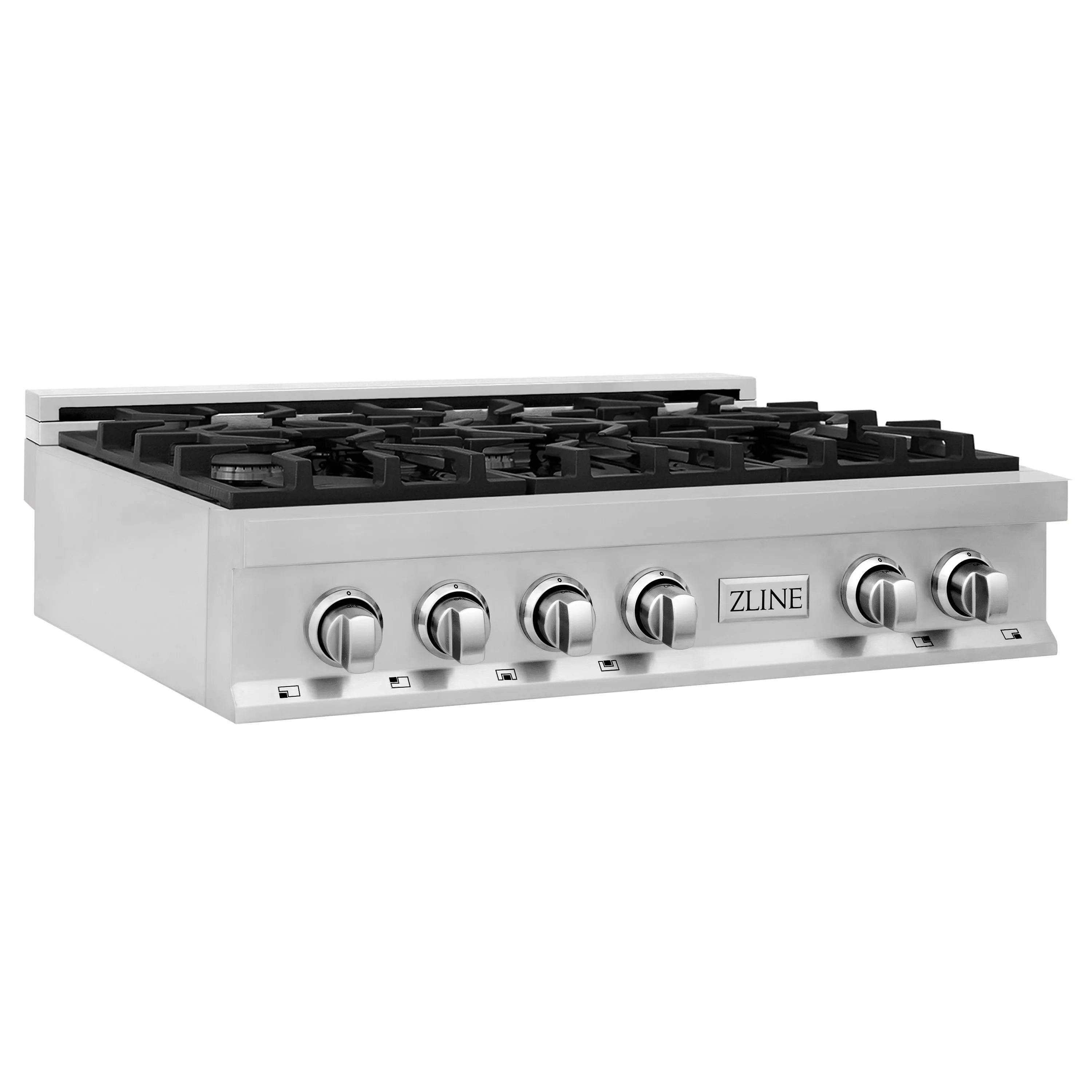 Stainless steel 6-burner gas rangetop with black grates and front control knobs
