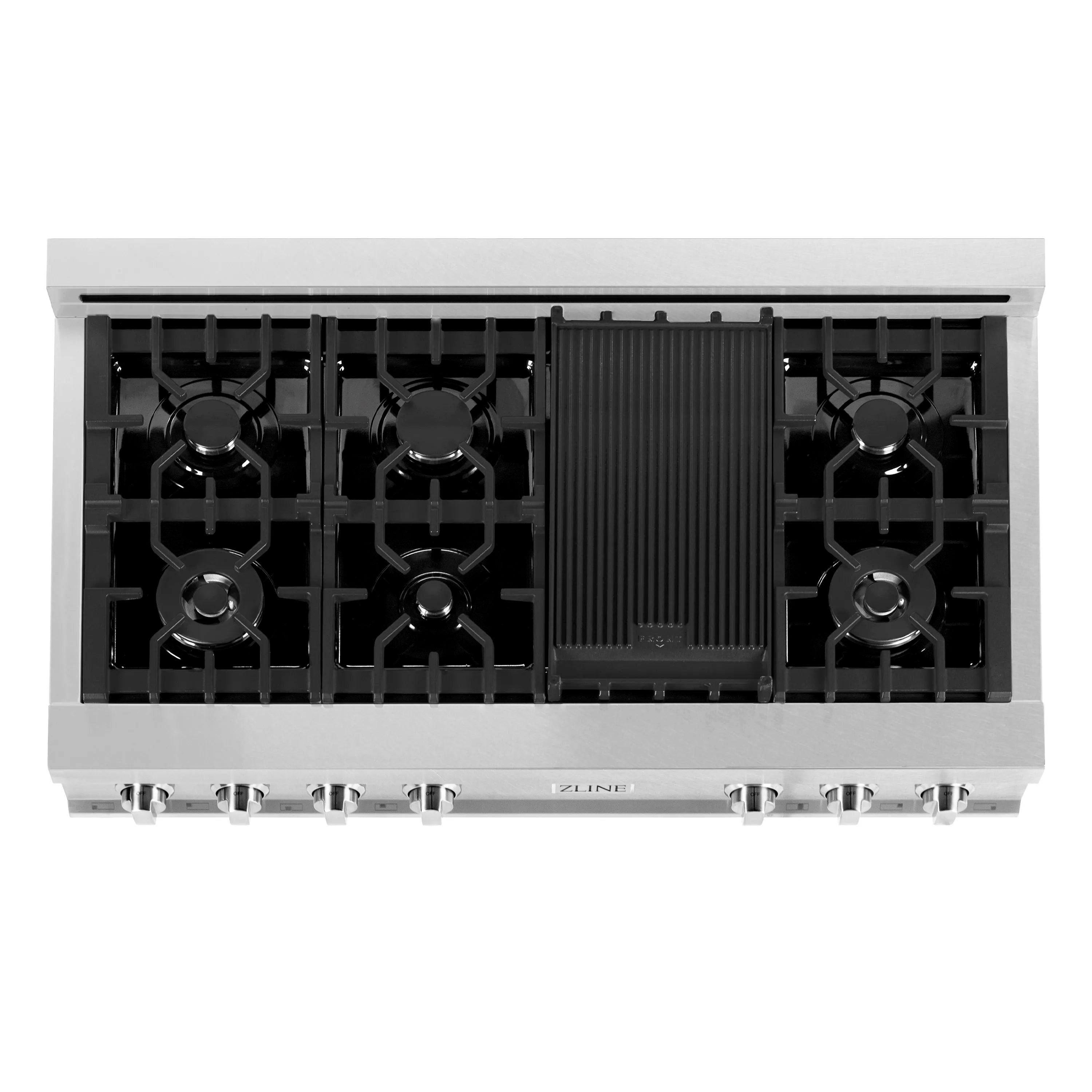 Gas stovetop with multiple burners and center ridged griddle, stainless trim