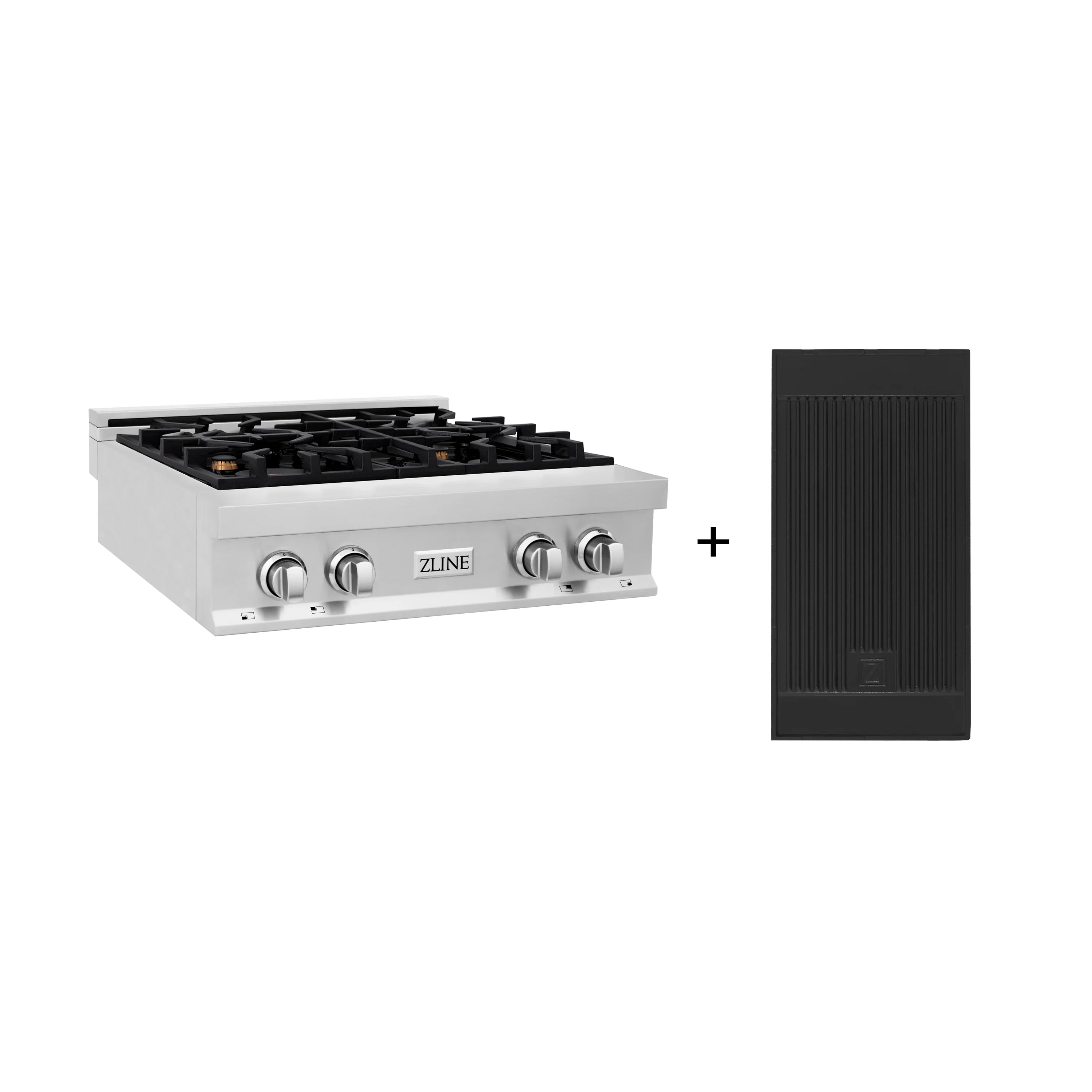 White gas stovetop with four black grates, brass burner caps, and control knobs