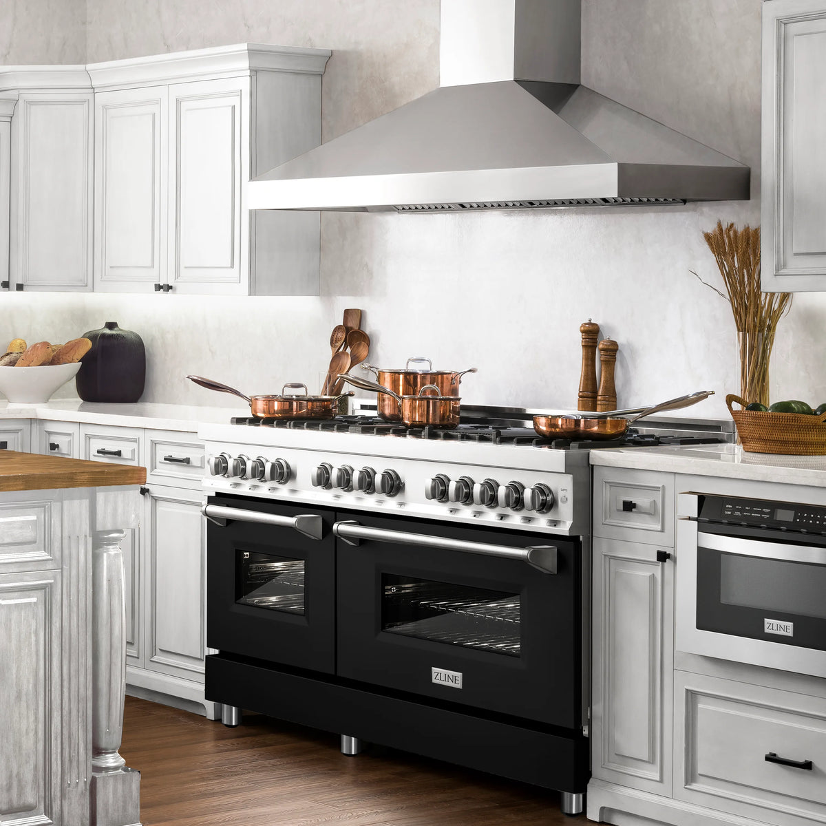 ZLINE 60-inch Legacy Series Dual Fuel Range with 9 Gas Burner Stove and 7.4 Cu. Ft. Electric Oven in Stainless Steel and Black Matte Door in a kitchen