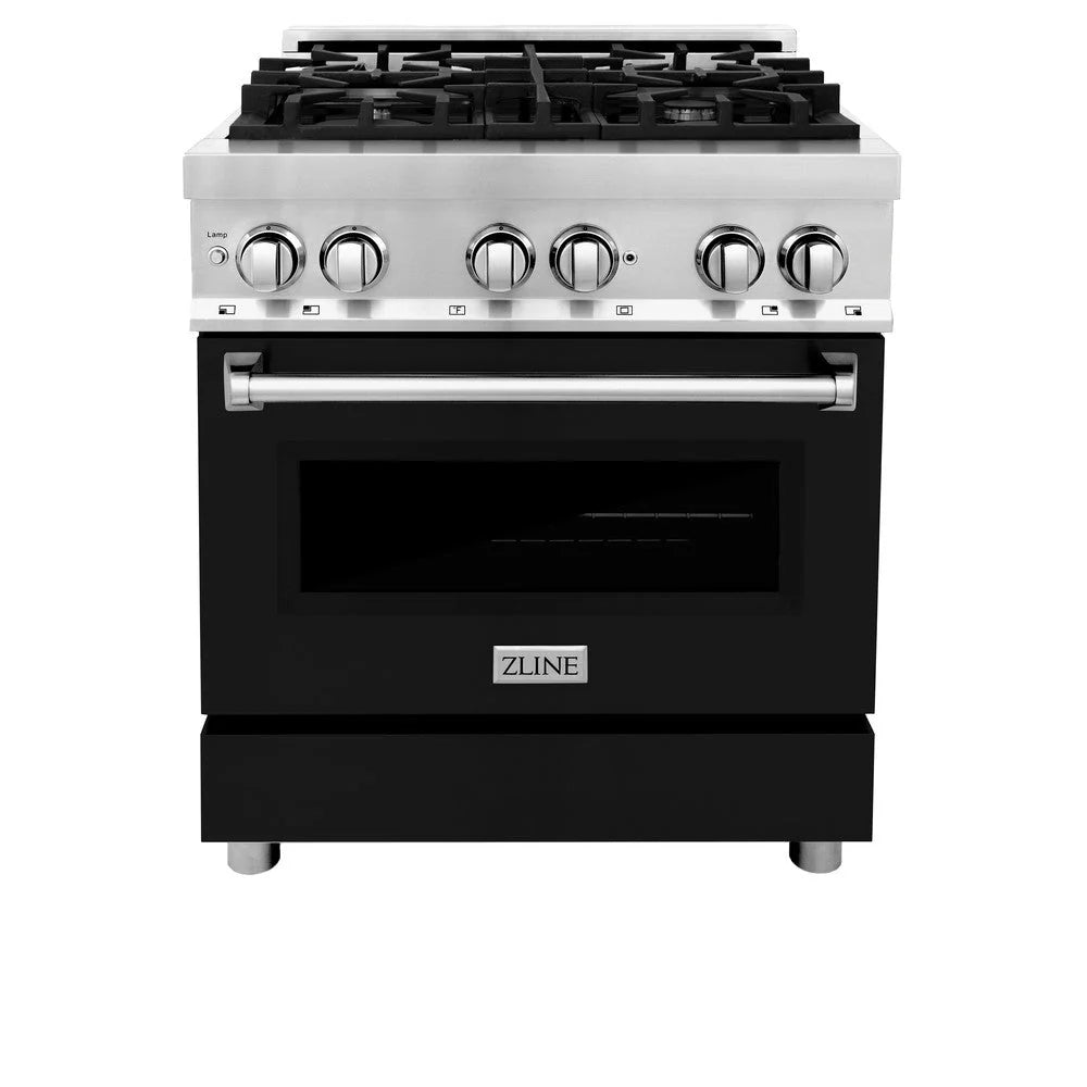 ZLINE dual fuel range with black oven door, control knobs, and 5-burner cooktop
