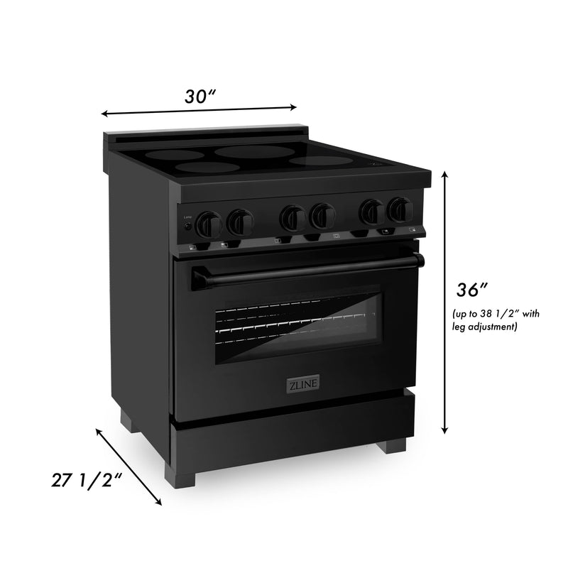 ZLINE 5-Piece Appliance Package - 30-Inch Induction Range, Wall Mount Range Hood, Refrigerator with Water Dispenser, Dishwasher, and 30-Inch Microwave Oven in Black Stainless Steel