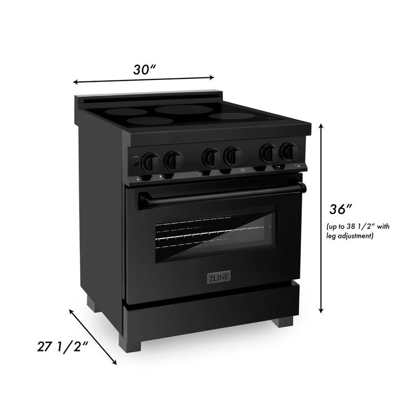 ZLINE 5-Piece Appliance Package - 30-Inch Induction Range, Wall Mount Range Hood, Refrigerator with Water Dispenser, Dishwasher and 24-Inch Microwave Oven in Black Stainless Steel