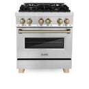 ZLINE 4-Piece Appliance Package - 30-Inch Legacy Autograph Dual Fuel Range, Wall Mount Range Hood, 36-Inch French Door Refrigerator with Water Dispenser, Dishwasher, in Stainless Steel with Champagne Bronze Accents