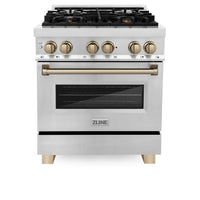 ZLINE Legacy Series Autograph Edition 30-inch Dual Fuel Range with Gas Stove and 4.0 Cu. Ft. Electric Oven in Stainless Steel with Champagne Bronze Accents (RAZ-30-CB)