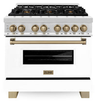 ZLINE Legacy Series Autograph Edition 36-inch Dual Fuel Range with Gas Stove and 4.6 Cu. Ft. Electric Oven in Stainless Steel with White Matte Door and Champagne Bronze Accents (RAZ-WM-36-CB)