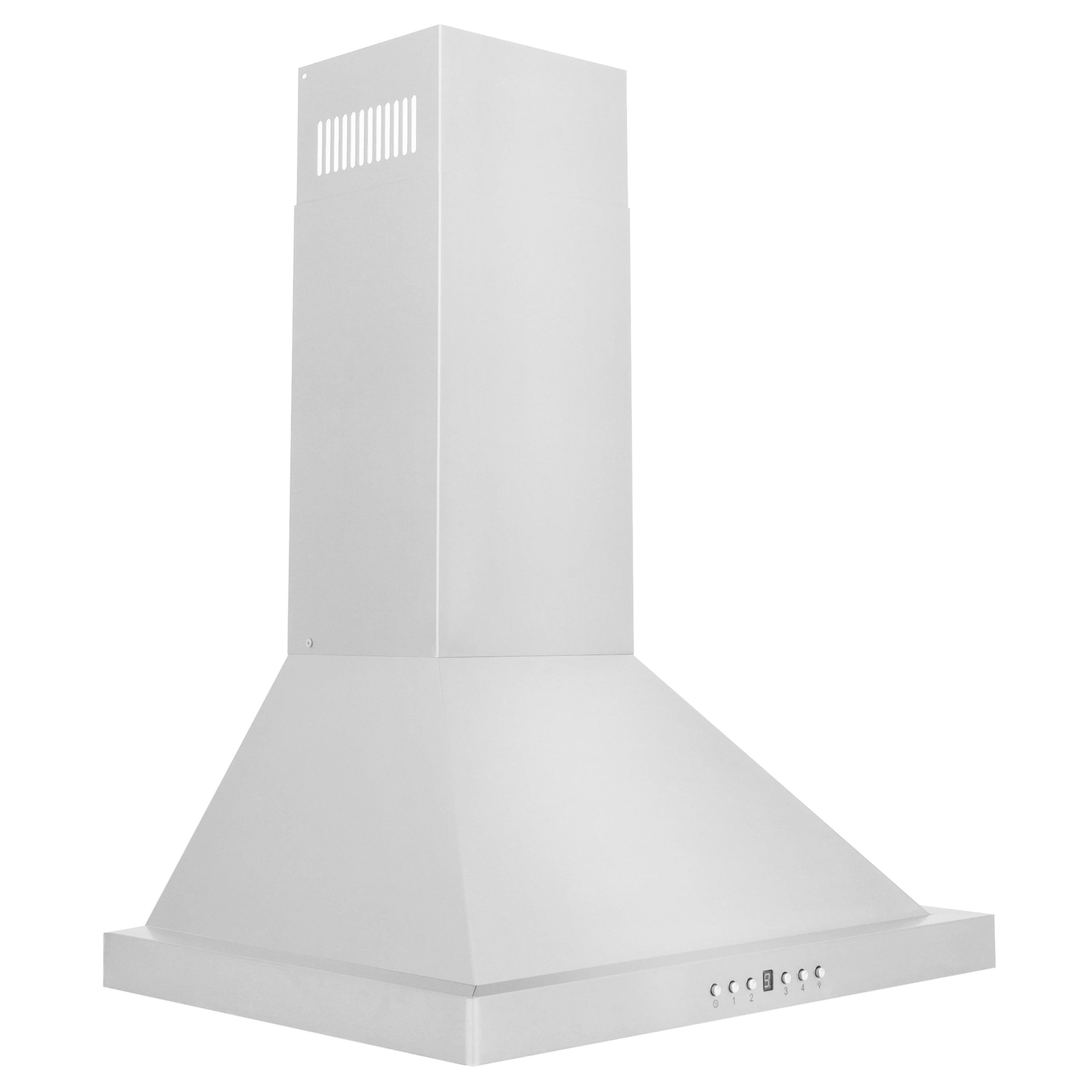 Stainless steel wall mount range hood with flared canopy and button control strip