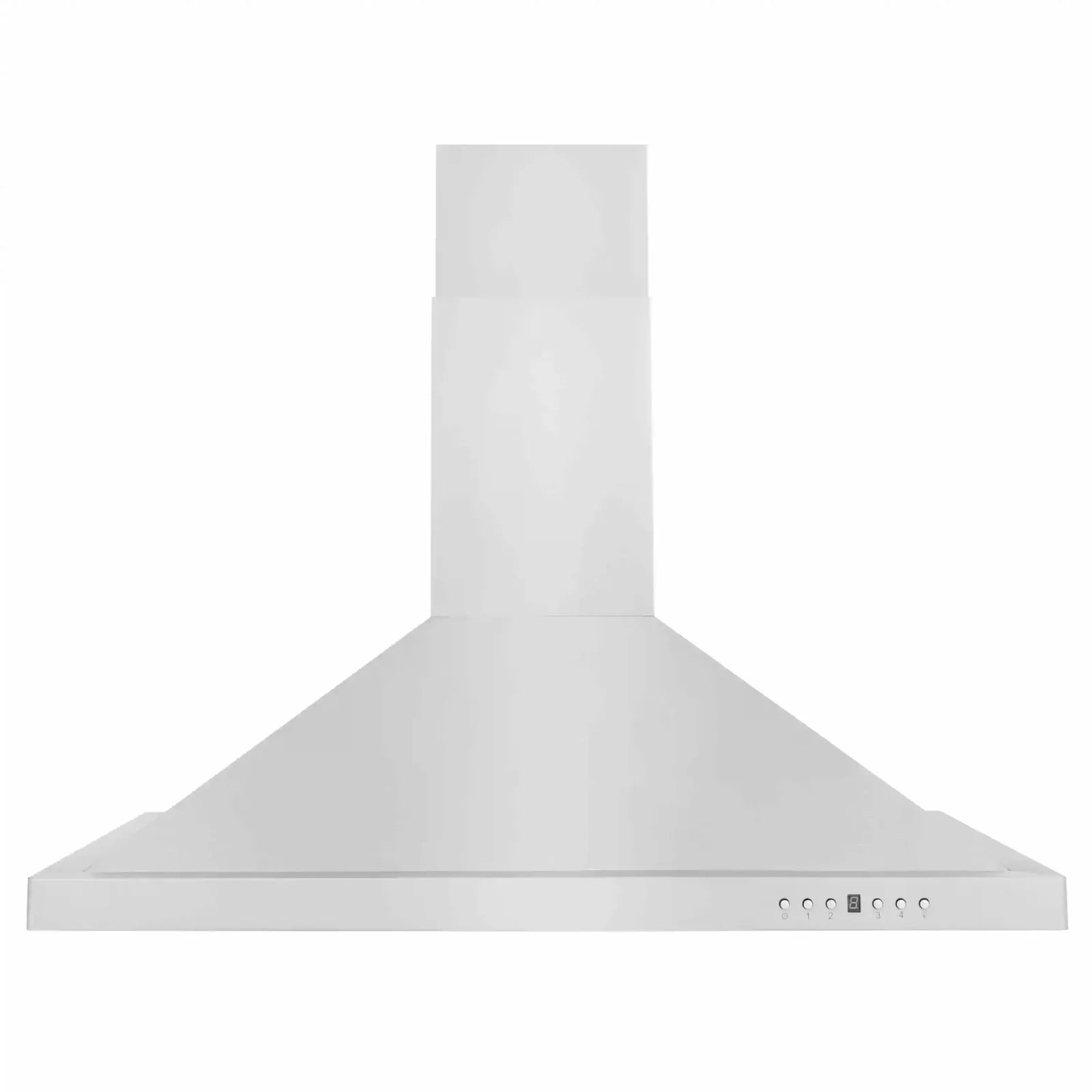 Light-colored range hood with chimney and control panel under canopy