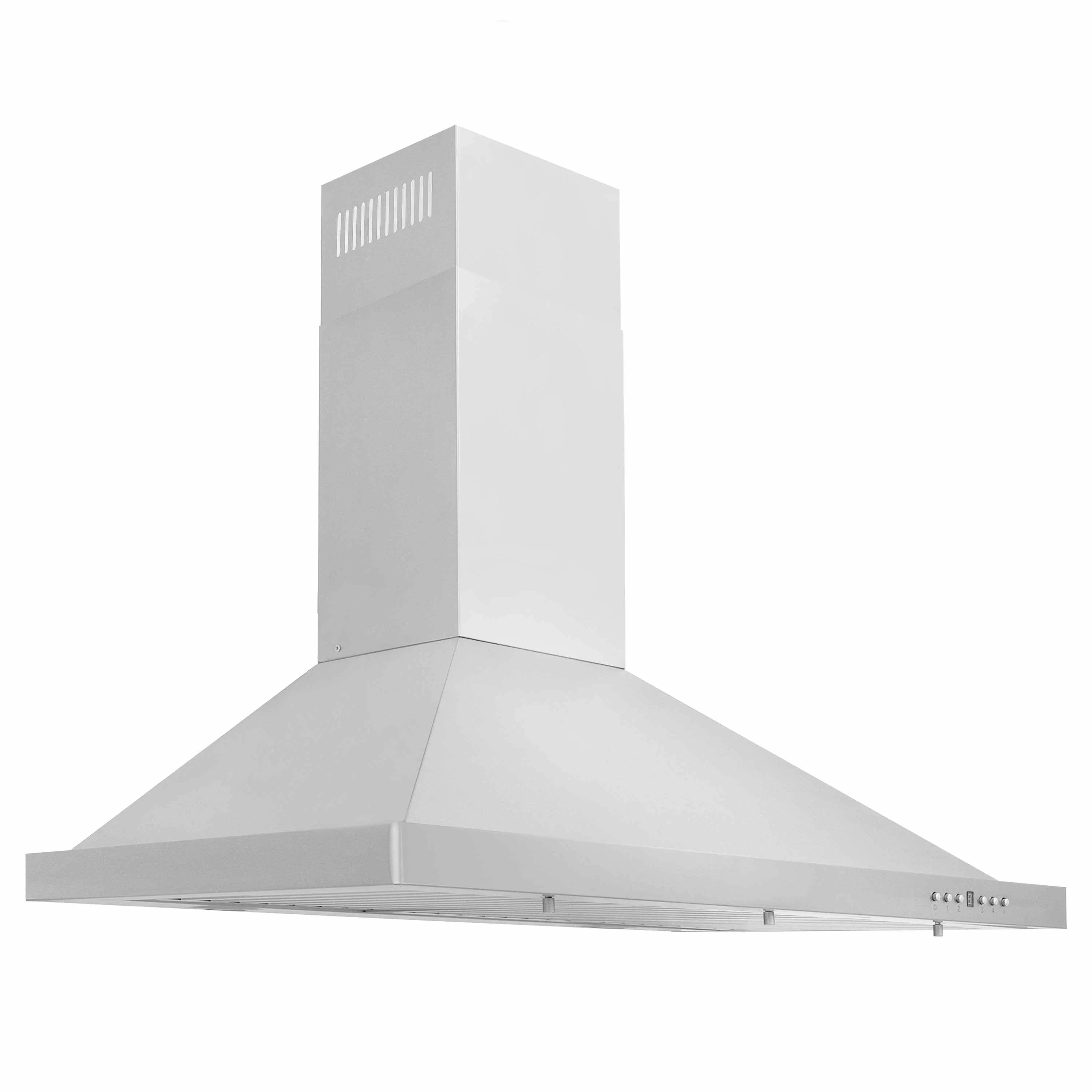 White convertible range hood with tall chimney stack and wide flat canopy