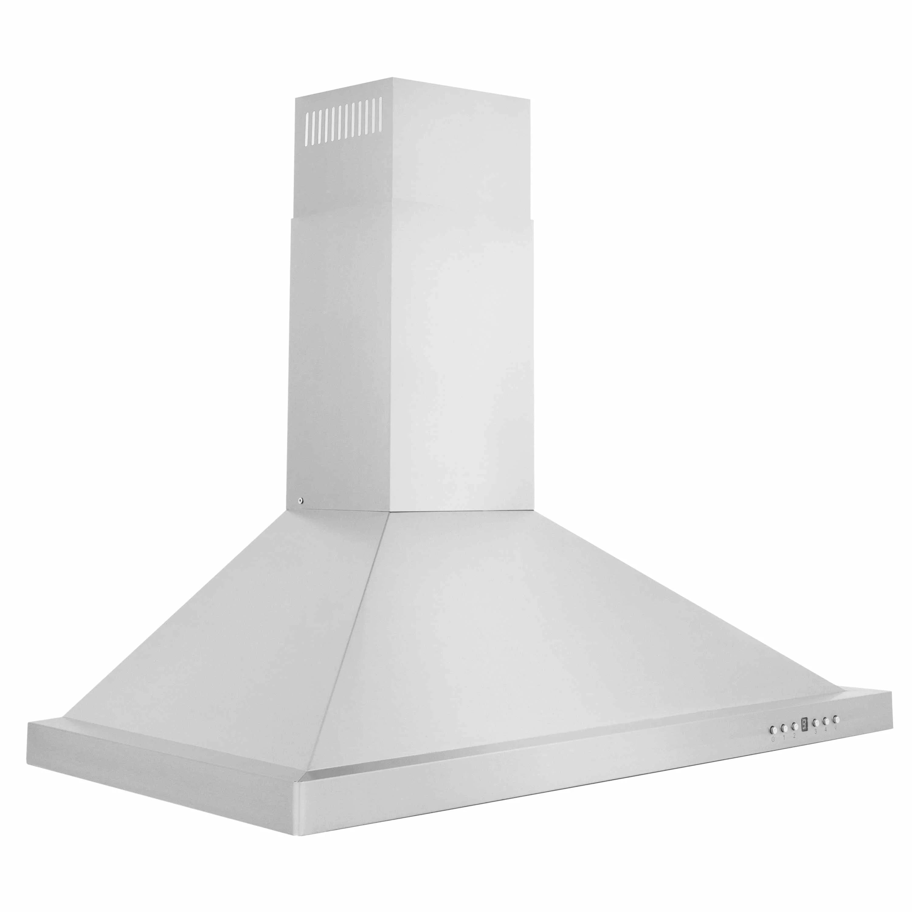 Stainless steel convertible range hood from front angle with control buttons on canopy