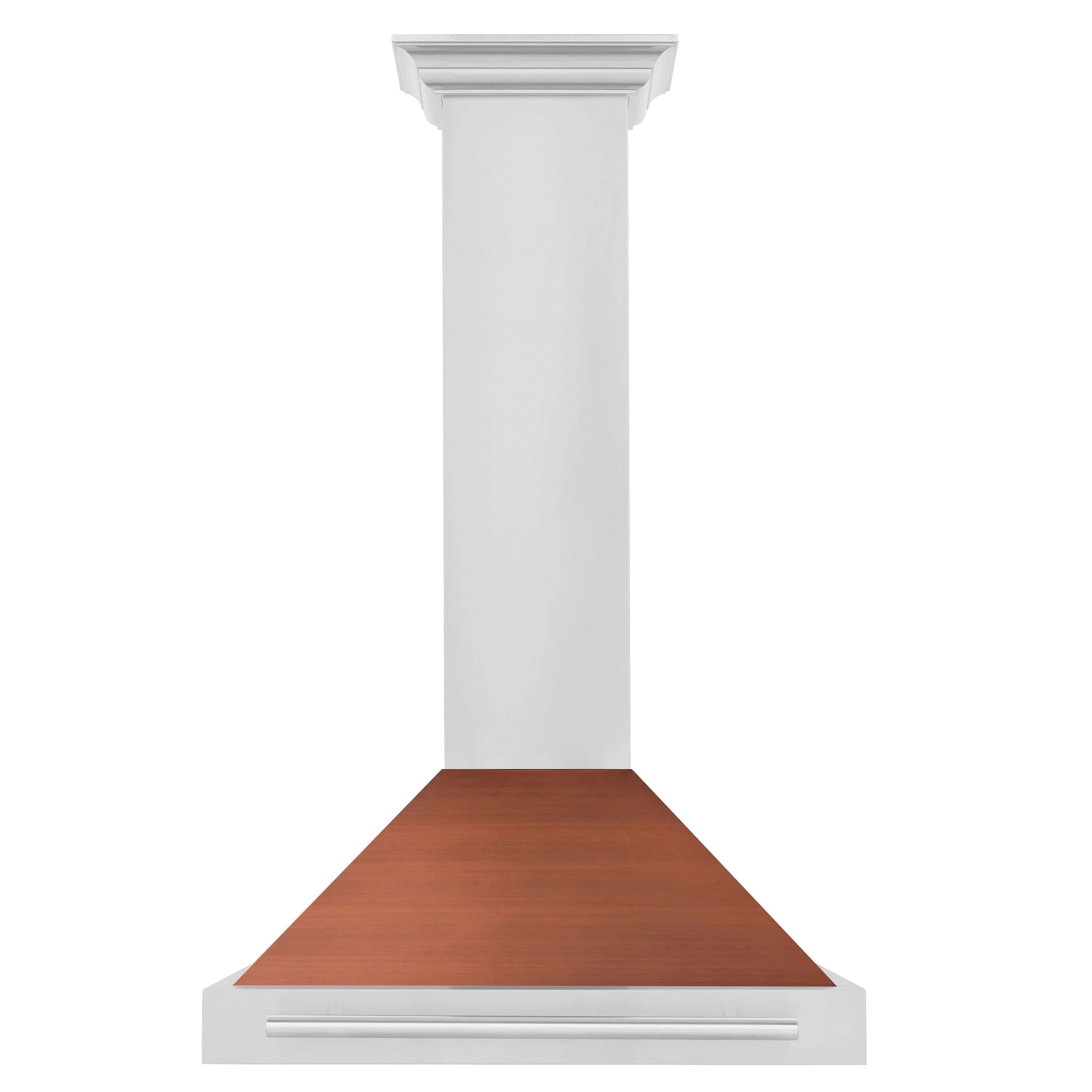 White chimney range hood with copper-toned canopy and extended stainless duct cover