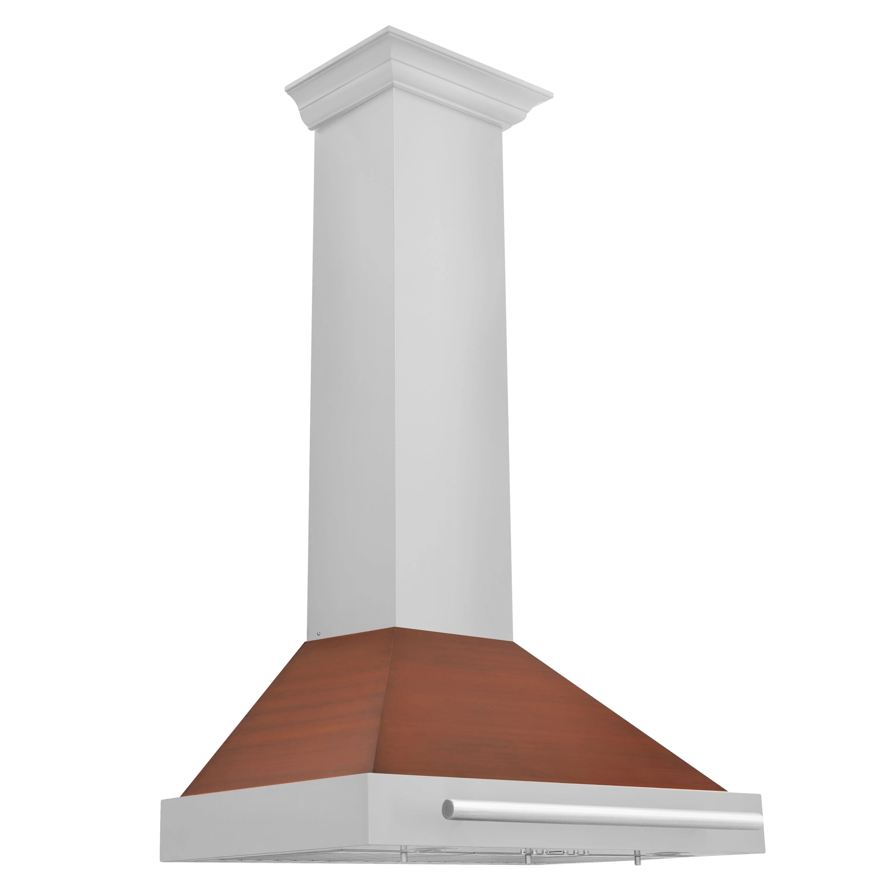 White chimney range hood with copper-toned canopy and stainless lower trim