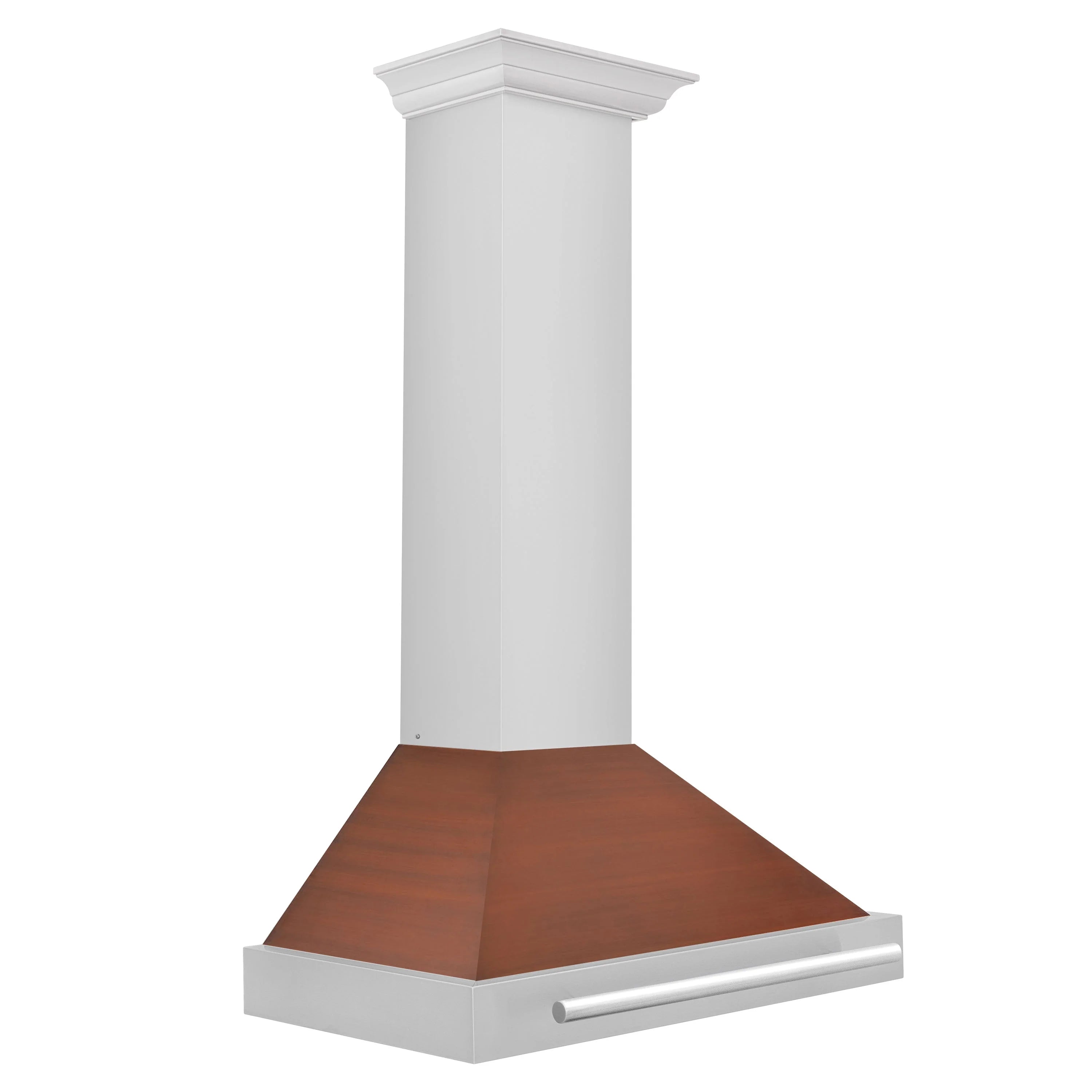 White chimney range hood with copper-toned canopy and stainless front vent
