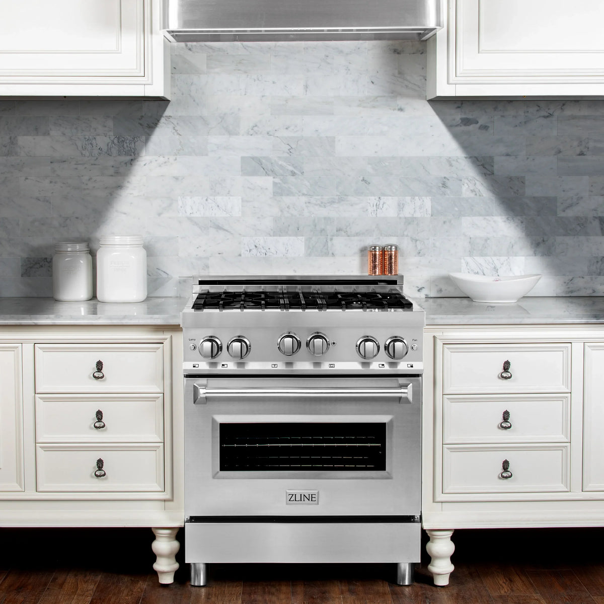 ZLINE 30-inch Legacy Series Dual Fuel Range with 4 Gas Brass Burners and 4.0 Cu. Ft. Electric Oven in Stainless Steel in a kitchen