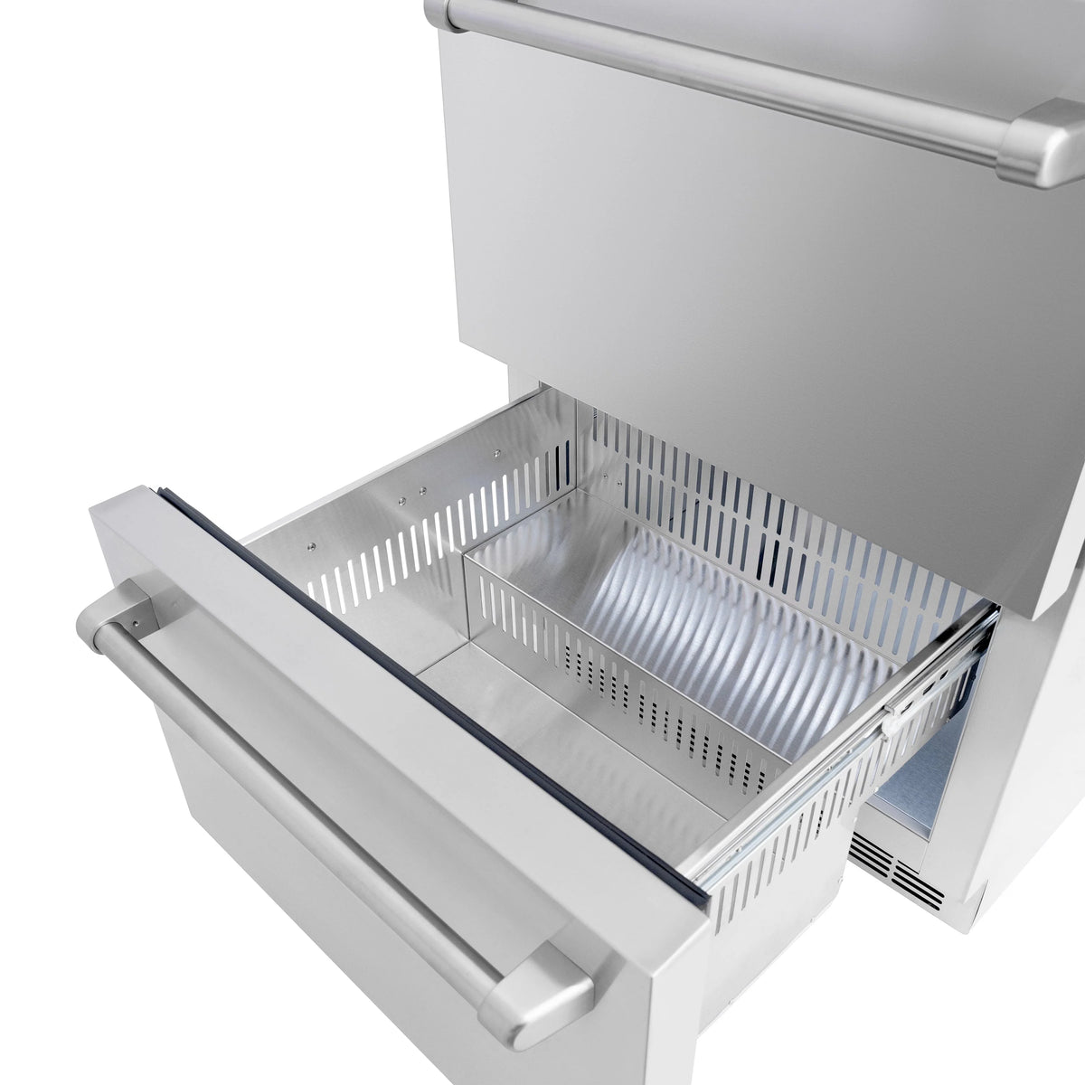 Open lower refrigerator drawer with metal basket and ventilation slits