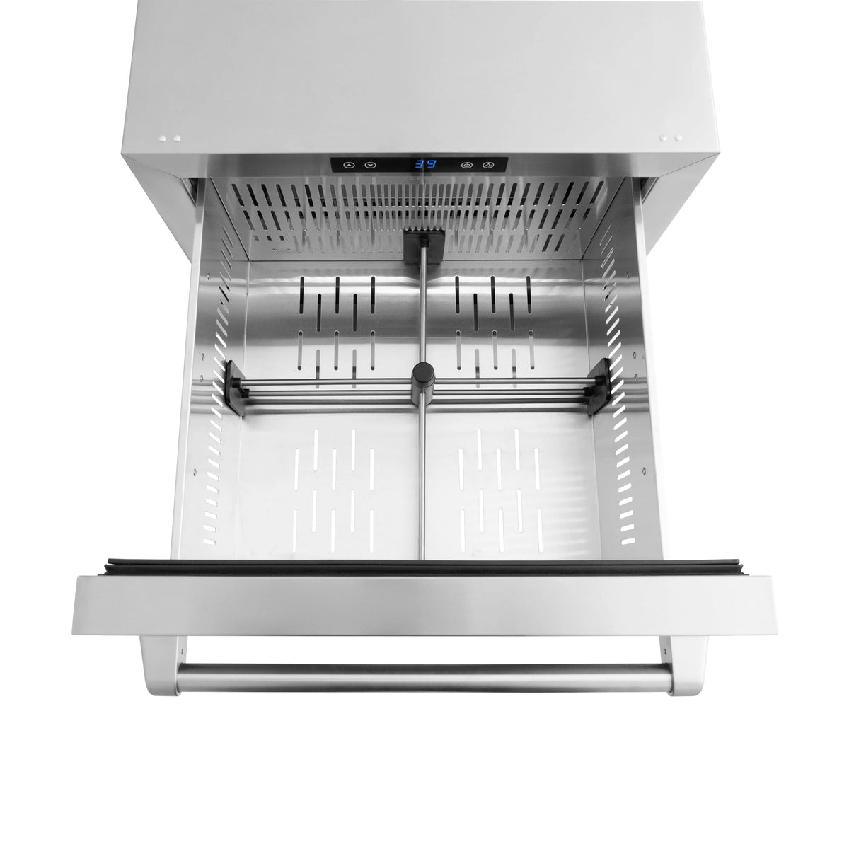 Outdoor refrigerator drawer interior with wire racks and vented back panel
