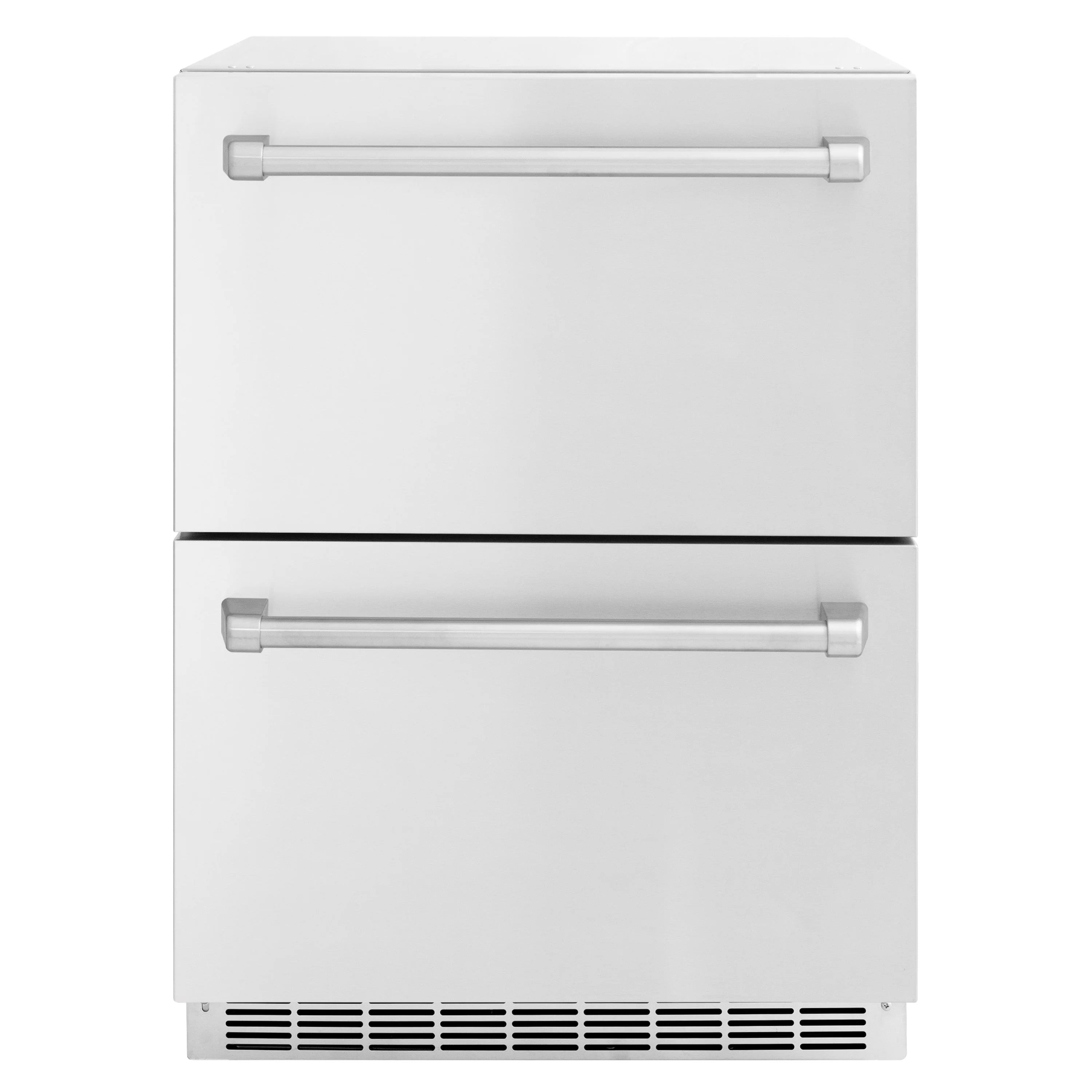Outdoor dual refrigerator drawer with stainless doors, two compartments and front vents