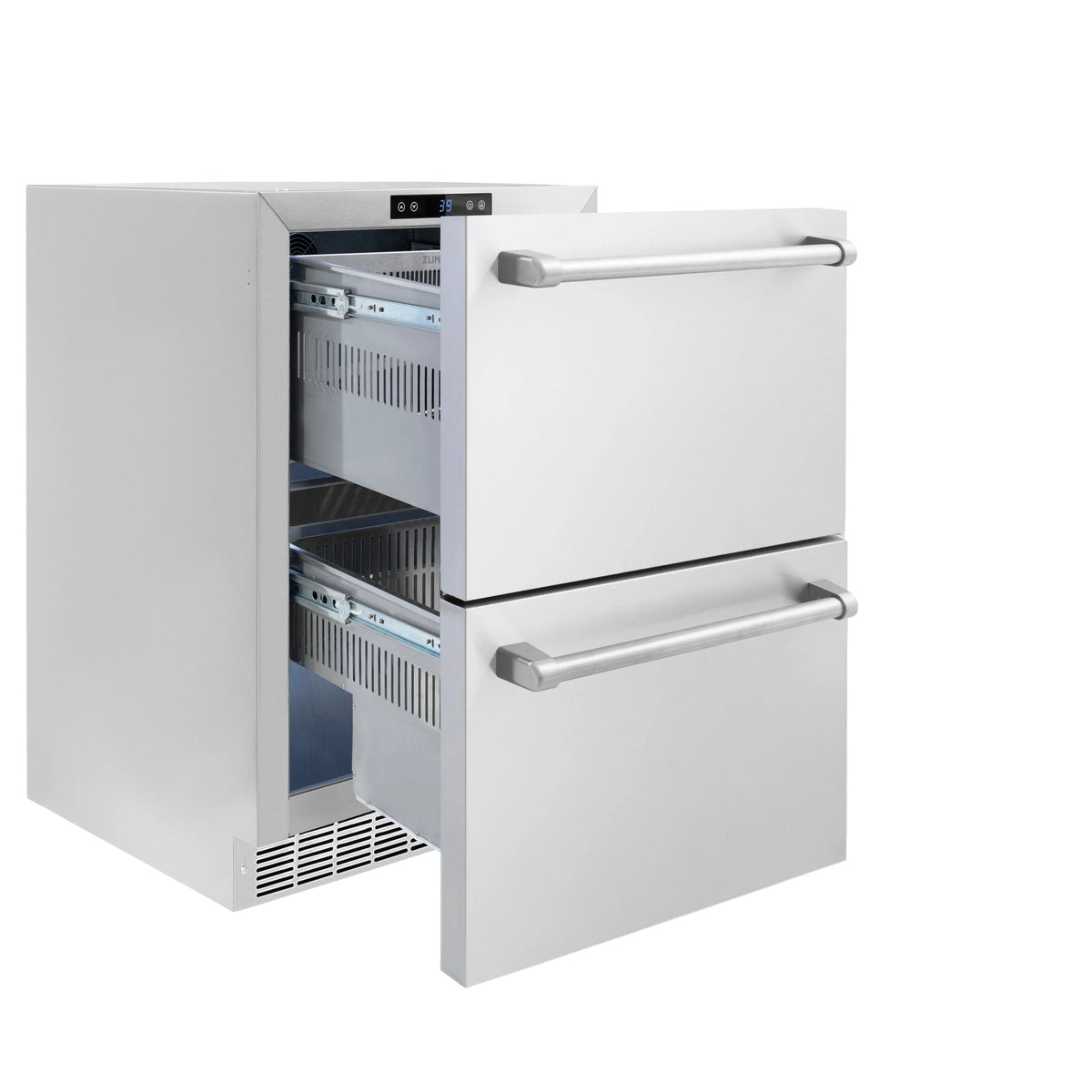 Outdoor dual refrigerator drawer with stainless doors open, showing top compartment