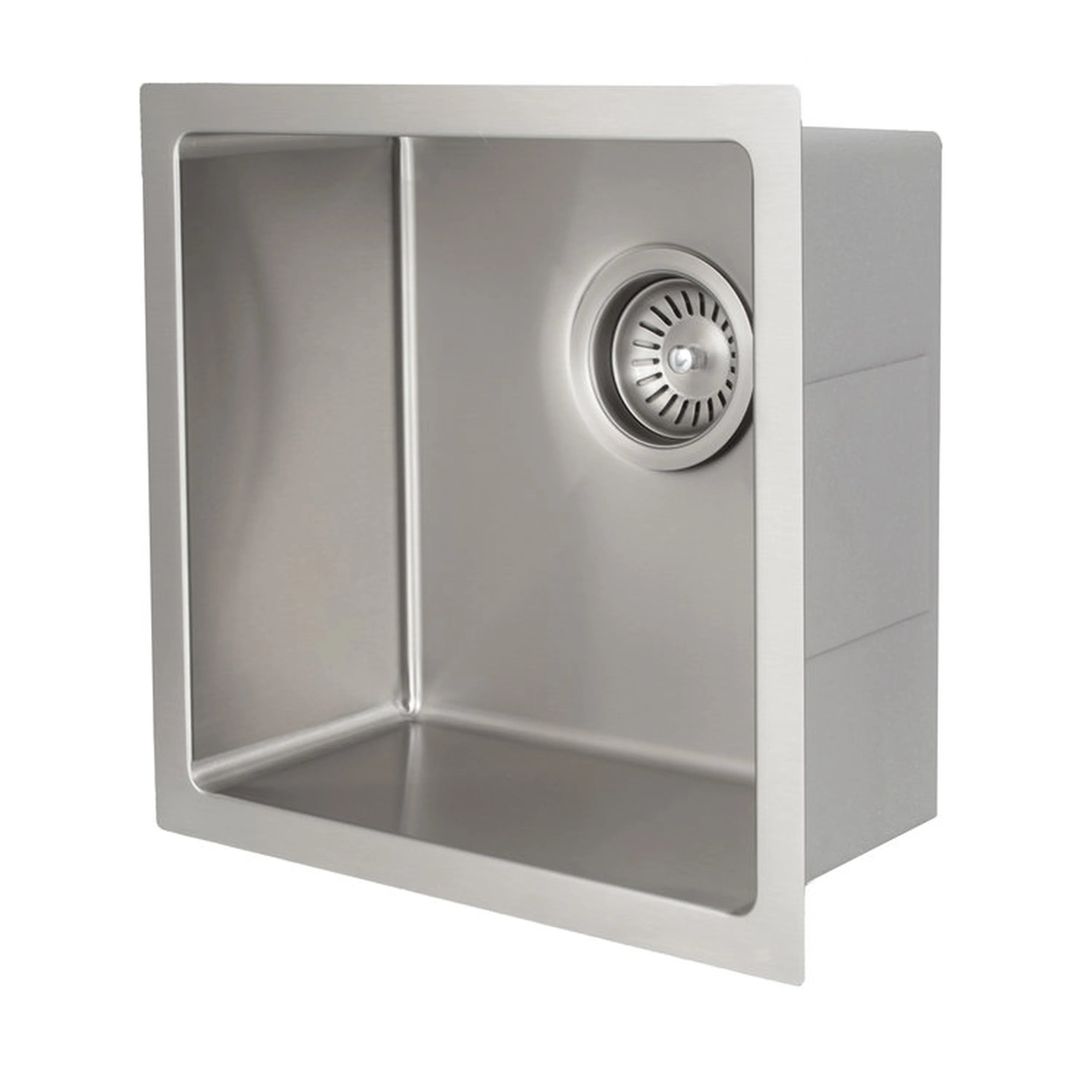 Stainless steel undermount single-bowl sink with drain strainer, shown from the side.