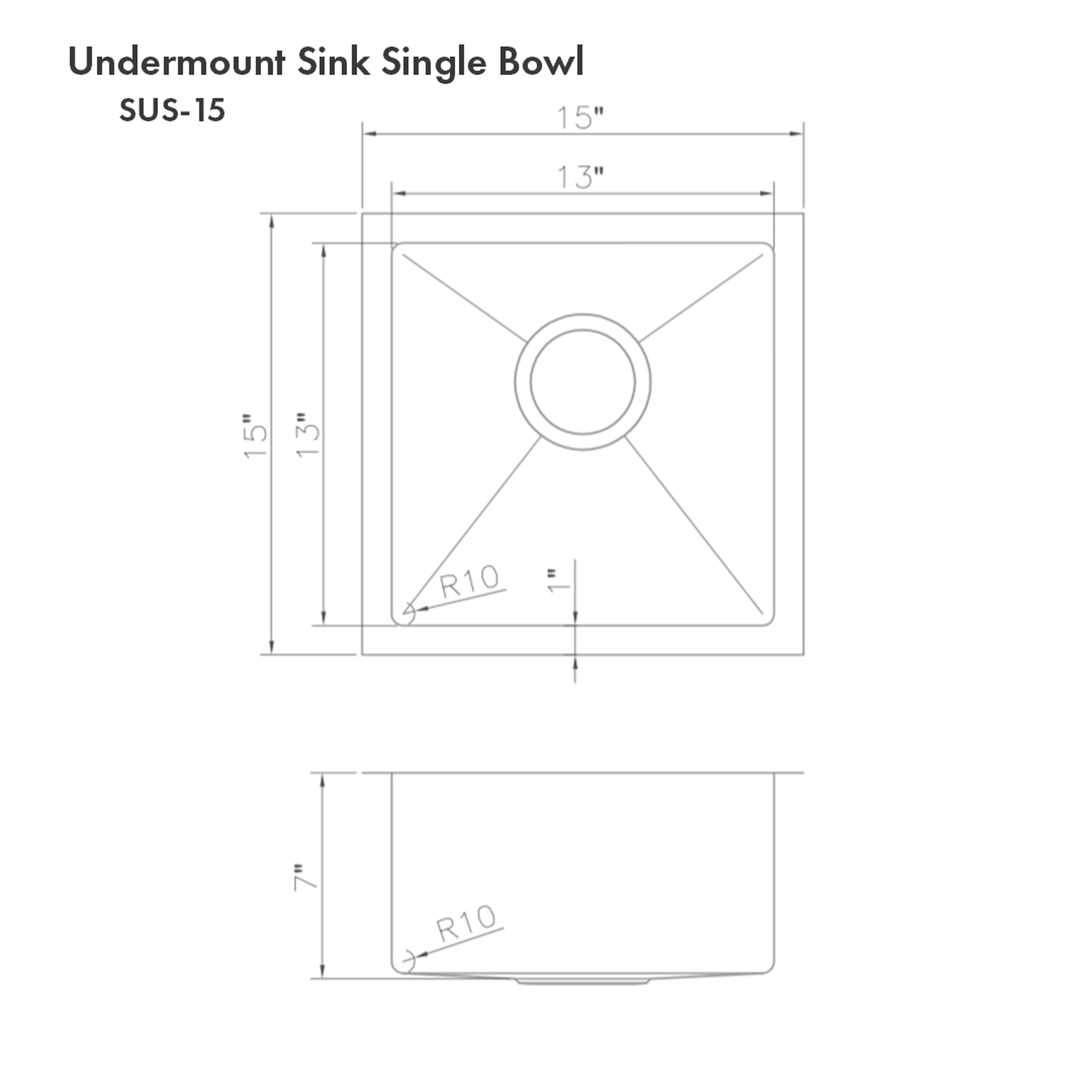 Technical diagram of a 15-inch stainless steel single-bowl undermount sink (SUS-15).
