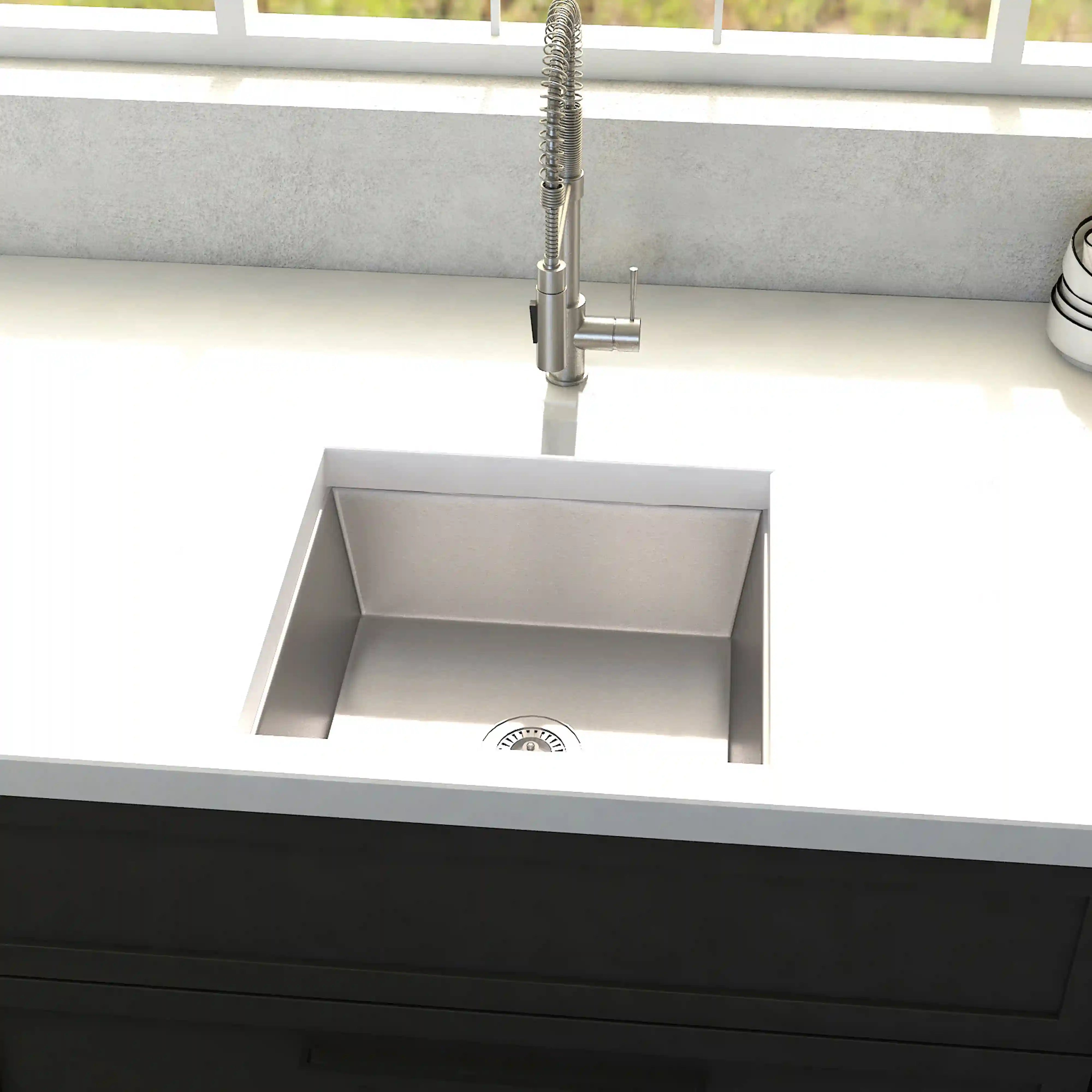 Stainless steel undermount single-bowl sink shown from above with drain and Z logo.