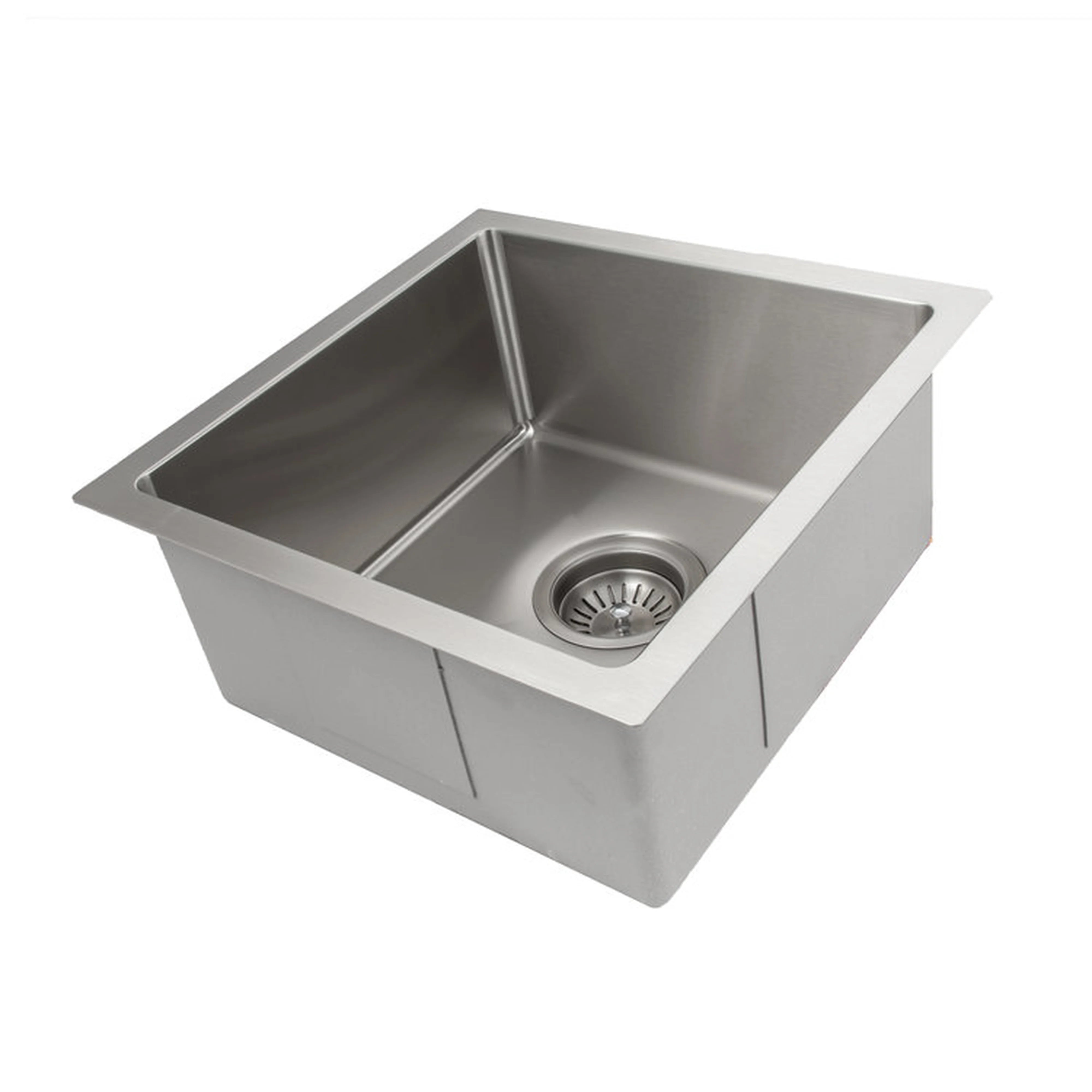 Stainless steel single-bowl undermount sink in a diagonal view with drain strainer.