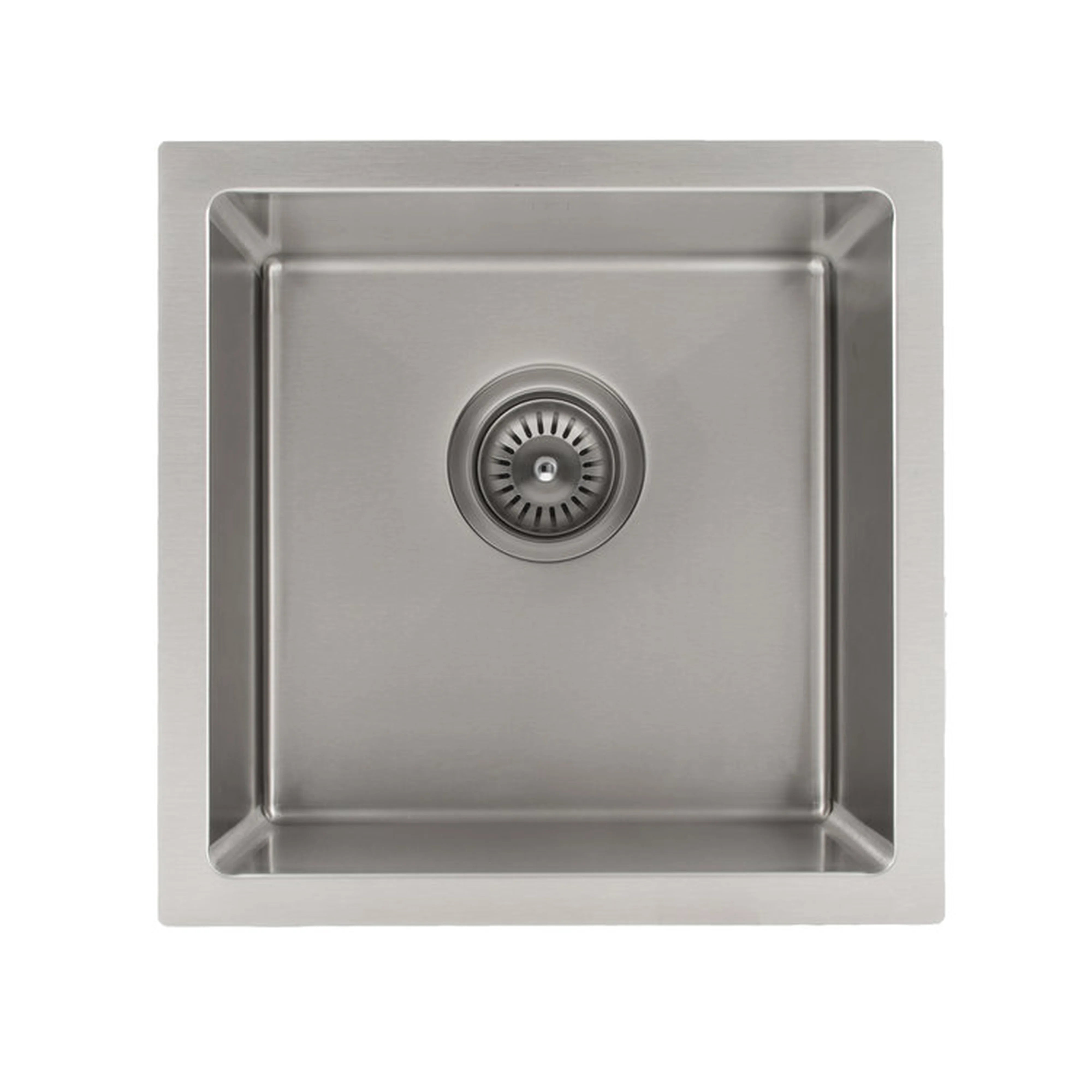 Stainless steel square single-bowl undermount sink with drain strainer in the center.