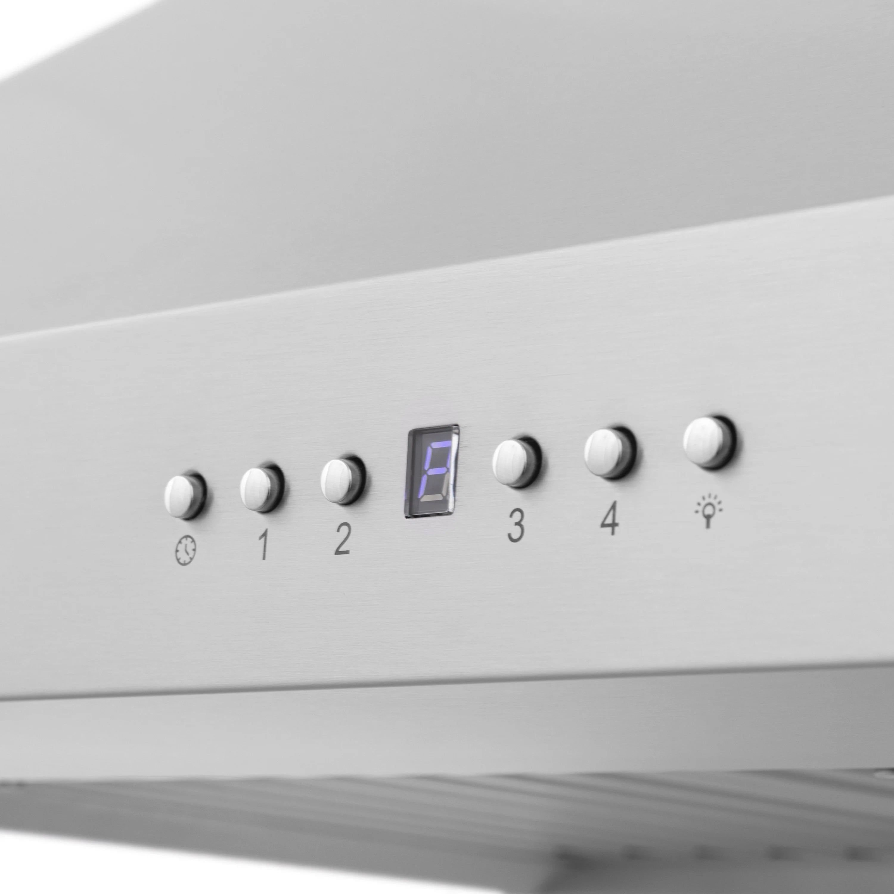 Stainless steel hood control panel with digital display, numbered knobs, and light icon.