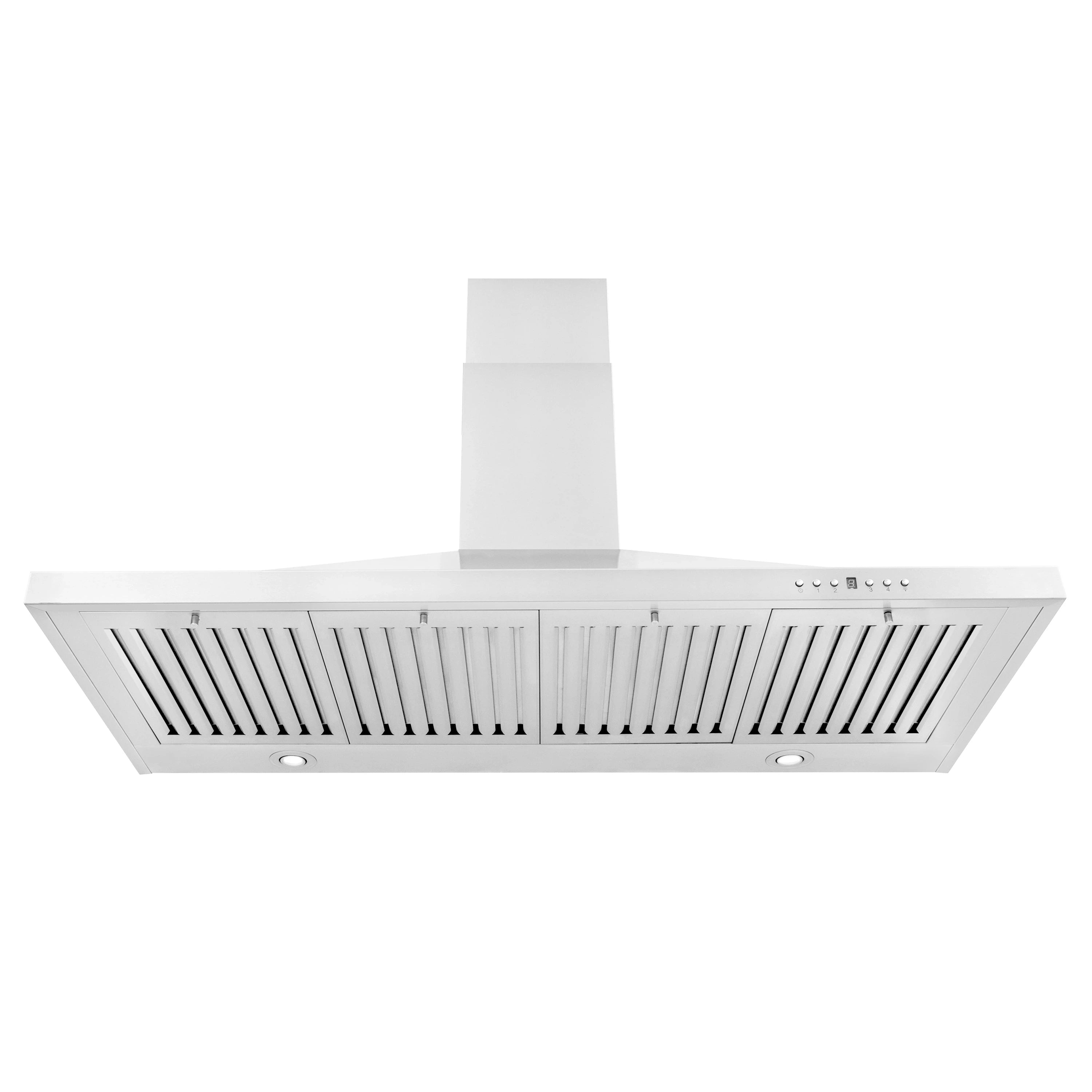 White wall-mount range hood with vertical vent slats and recessed lights